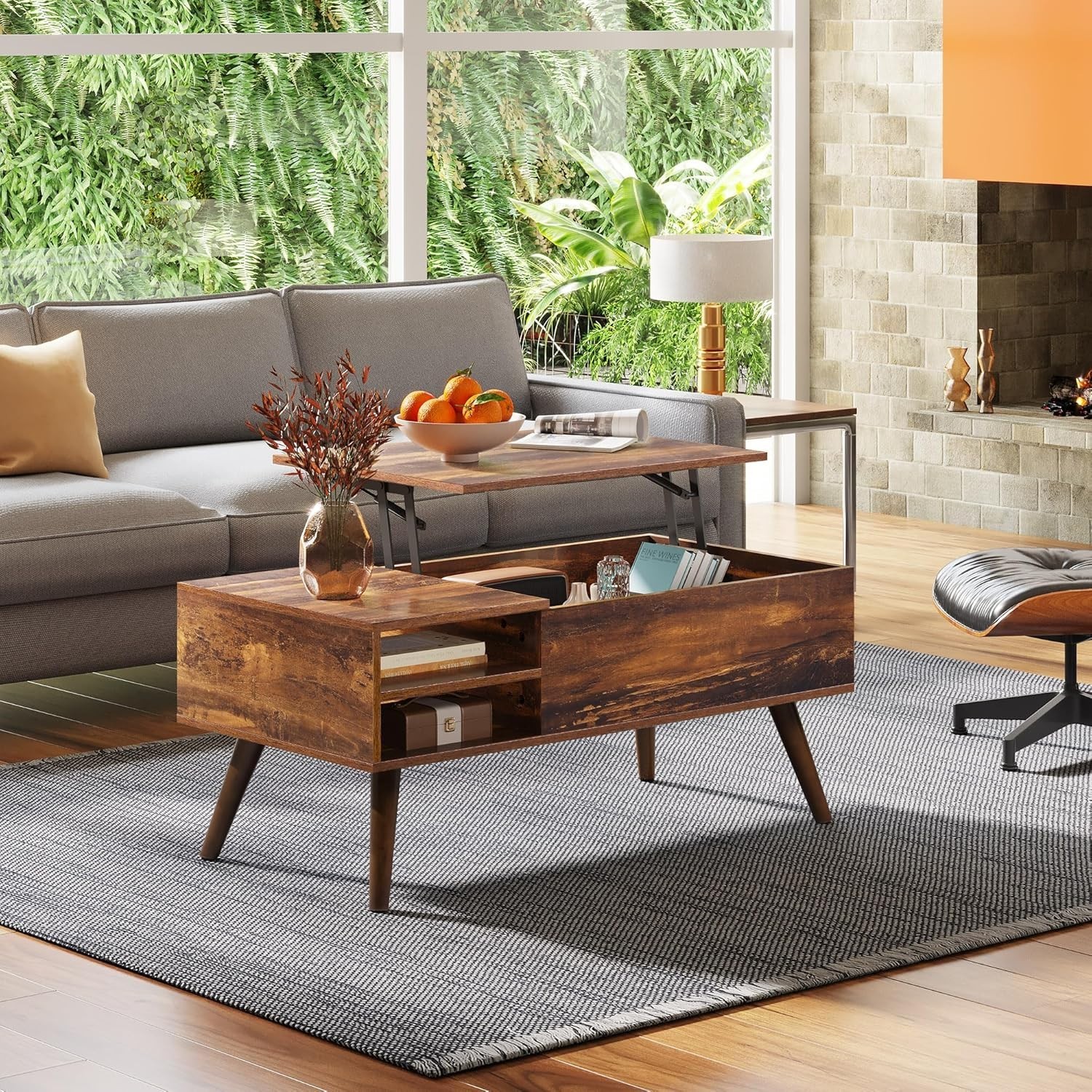 Brown Wooden Coffee Table with Hidden Storage & Lifting Design for Small Spaces