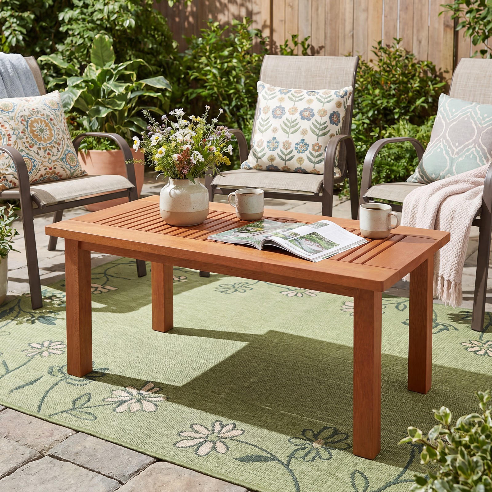 35.5 Inch Outdoor Coffee Table w/Slatted Top, Teak Oil Finish for Deck, Garden