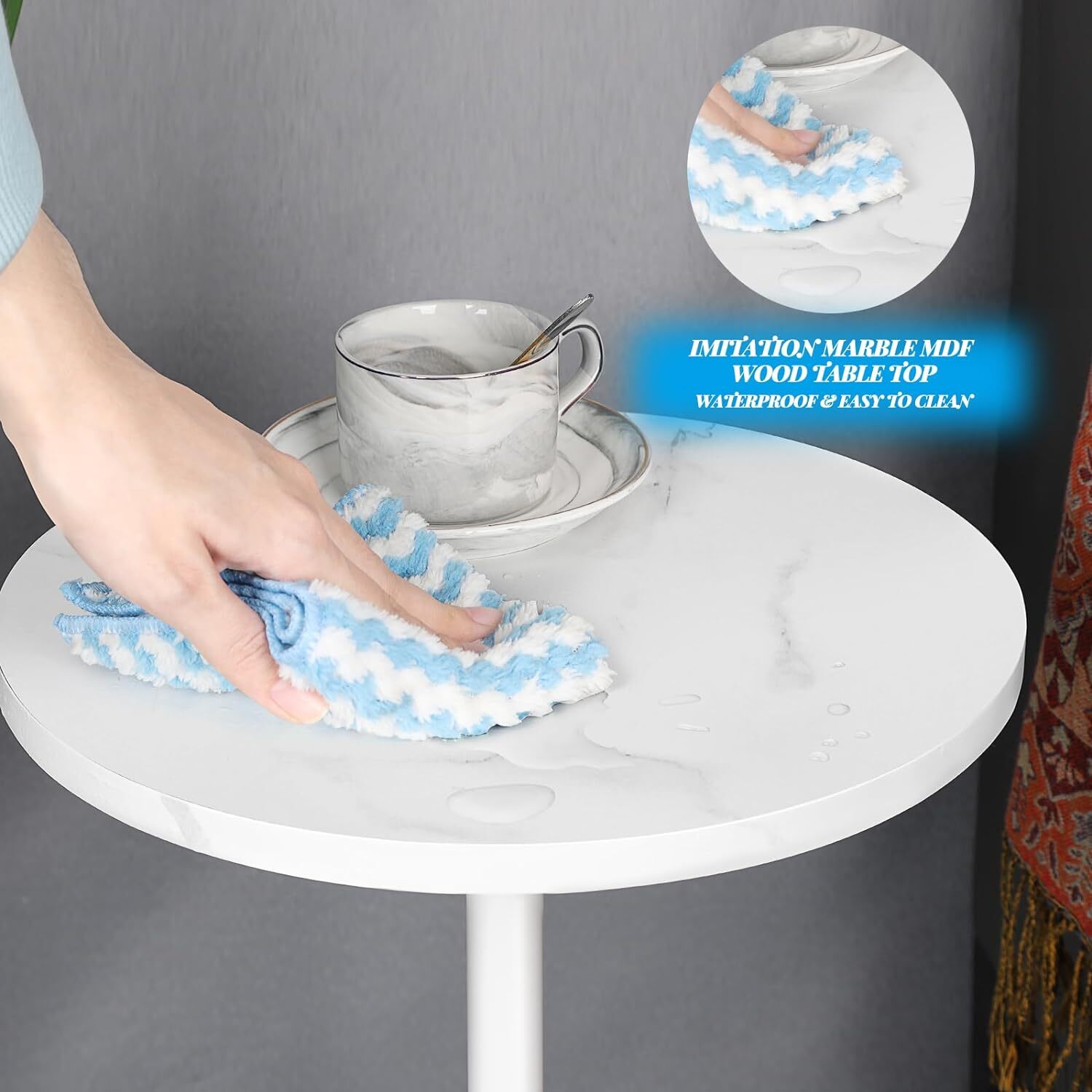 Small Drink Table for Small Spaces Round End Table w/Marble Base for Sofa Couch