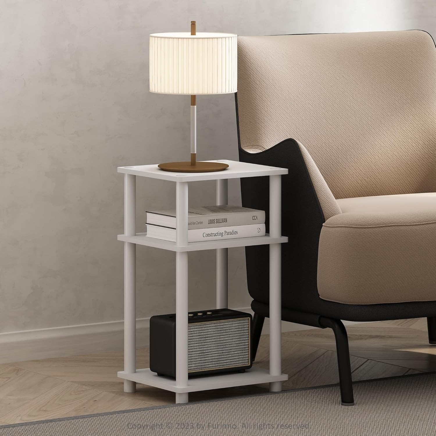 Elegant White 3-Tier Side Table – Toolless Assembly Nightstand for Any Room