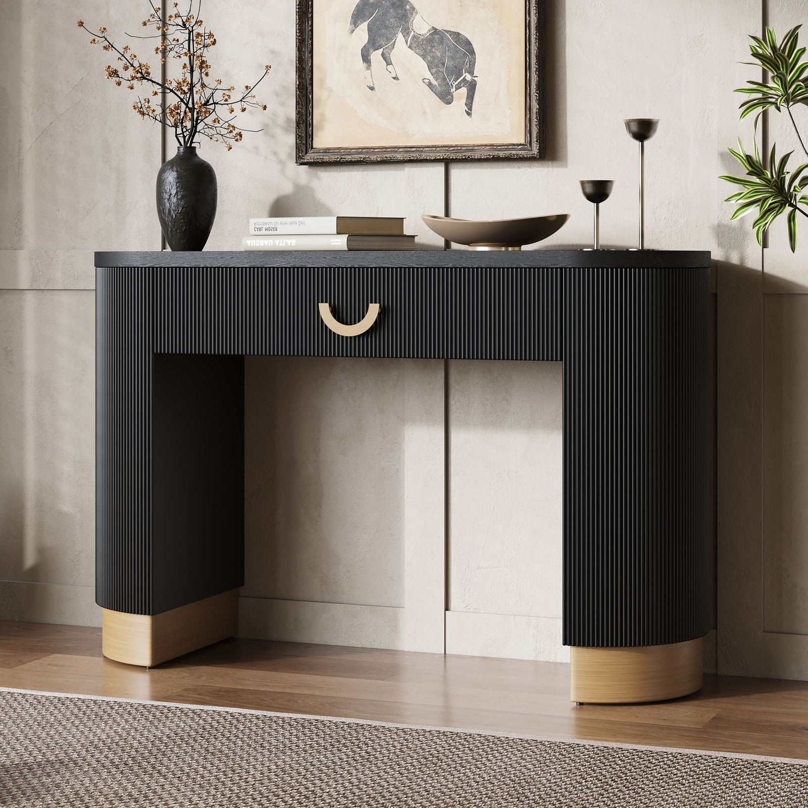 Modern Console Table with Vertical Ribbed Design And Functional Storage Drawer