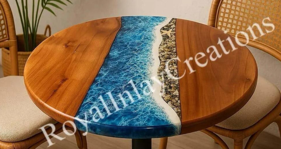 21″ Round Beach Shoreline Resin Table – Ocean Epoxy & Wood Cafe Table Art