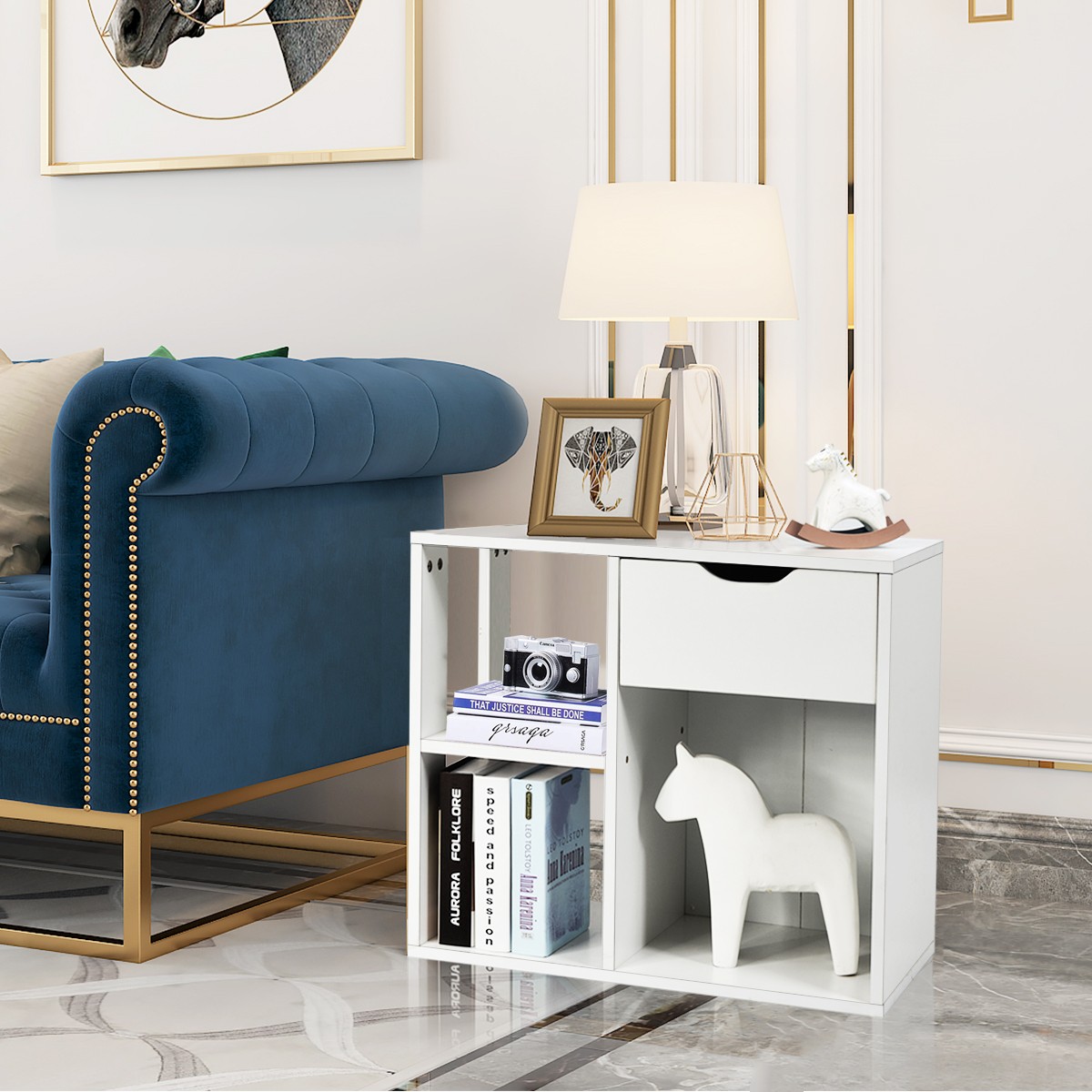 3-tier Side Table W/Storage Shelf&Drawer Space-saving End Table Nightstand White