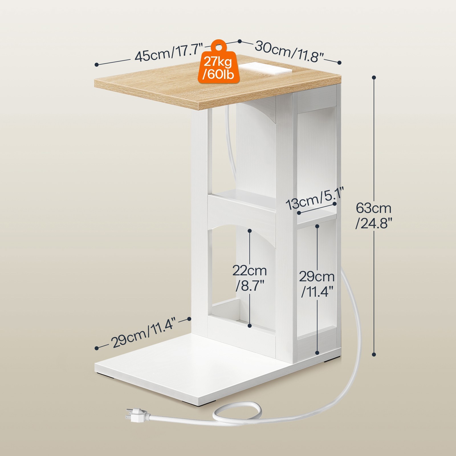 C-Shaped End Table w/ Charging Station Side Table Bedside Table White Natural