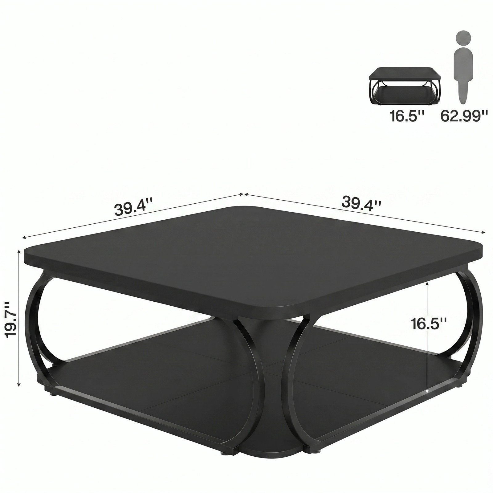 39″ Square Coffee Table with Open Storage Shelf, 2 Tier Large Wood Center Table