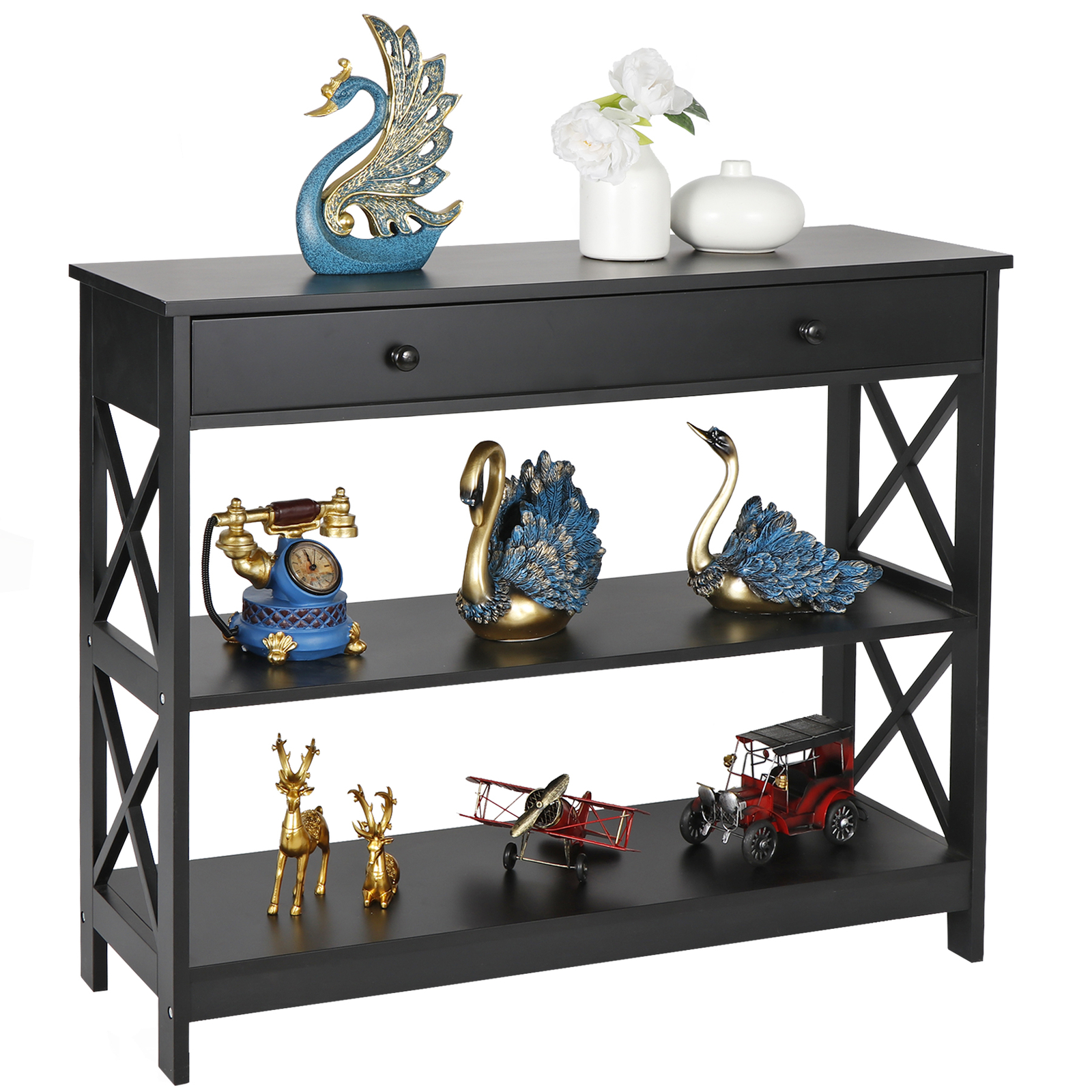 3 Tier Console Table w/ Drawer Accent Sofa Side Table Entryway Table Black/White