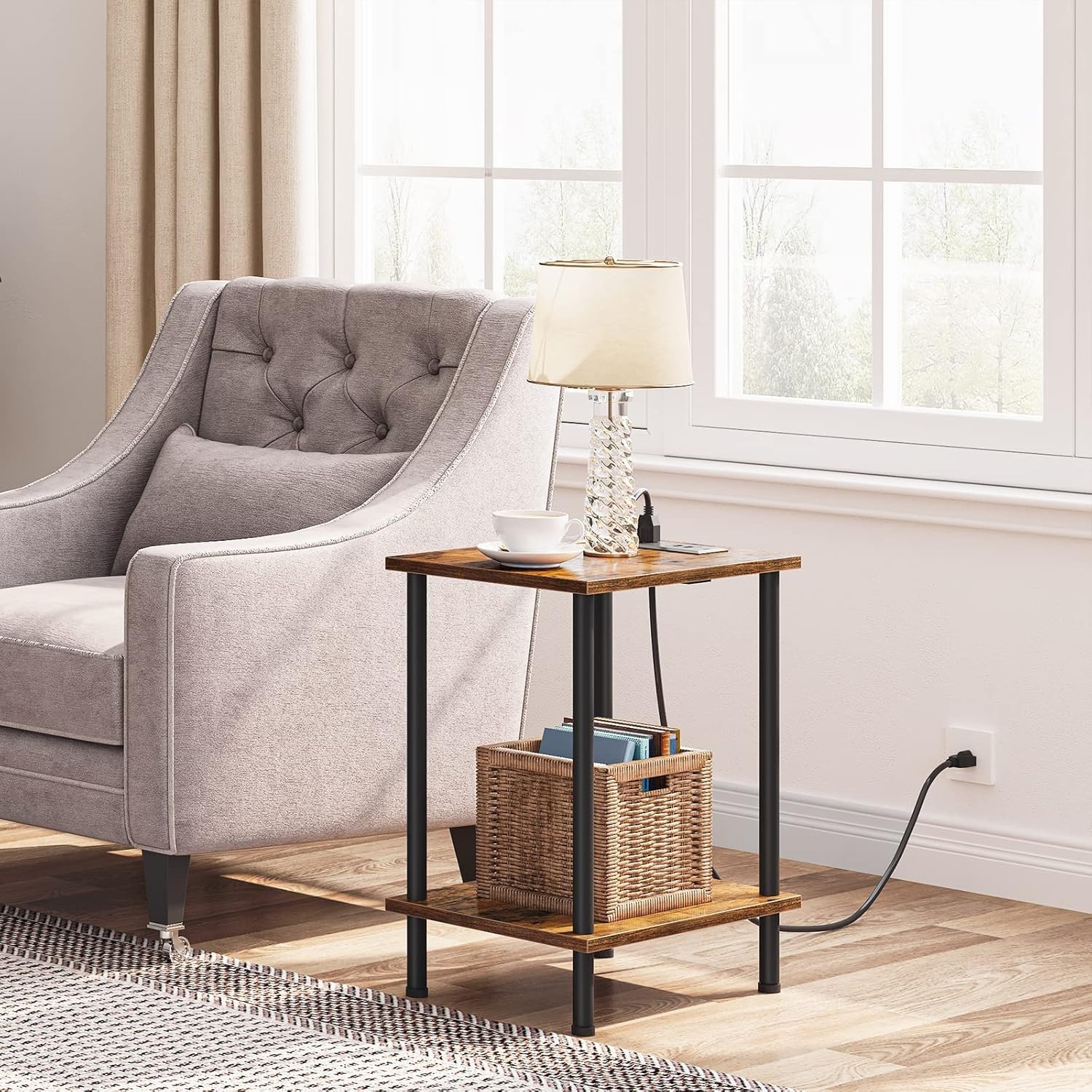 Stylish Side Tables with Charging Stations – Rustic Brown Finish for Any Room