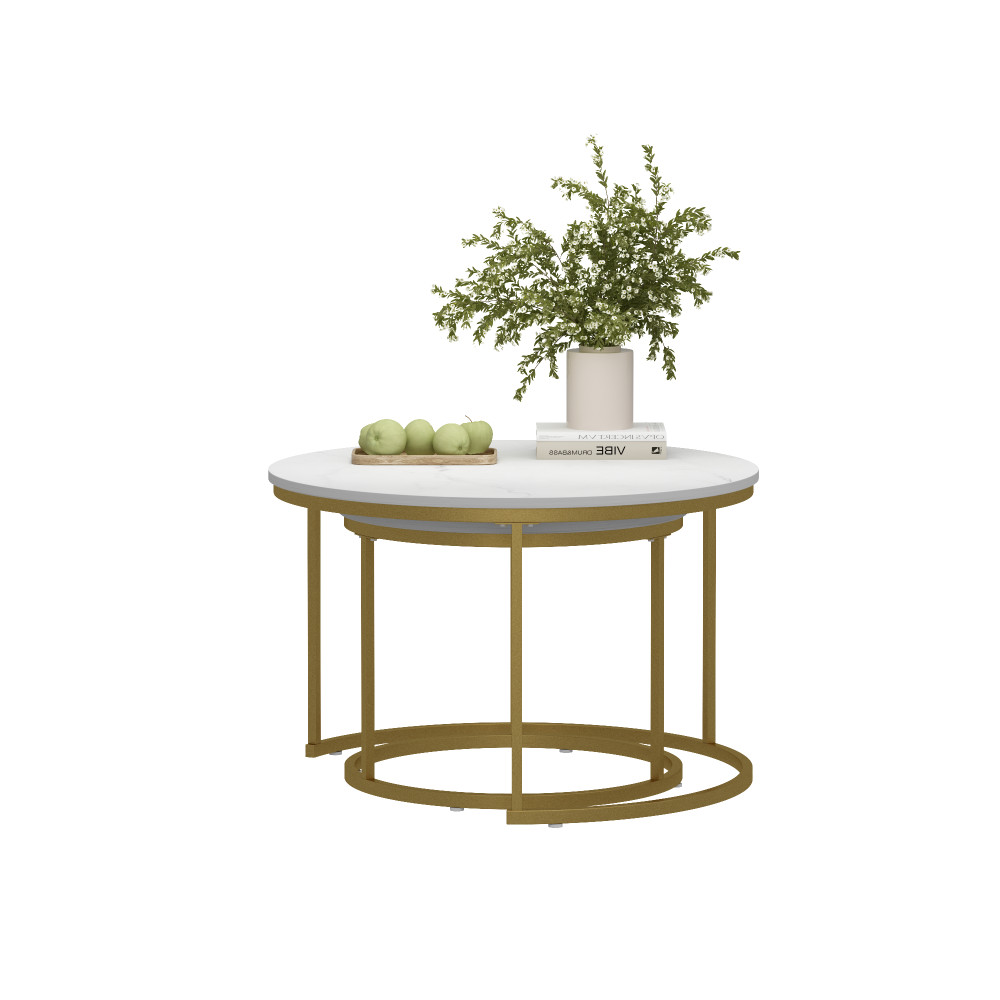 Nesting Coffee Table Set of 2, Round Marble Top with Metal Frame, White
