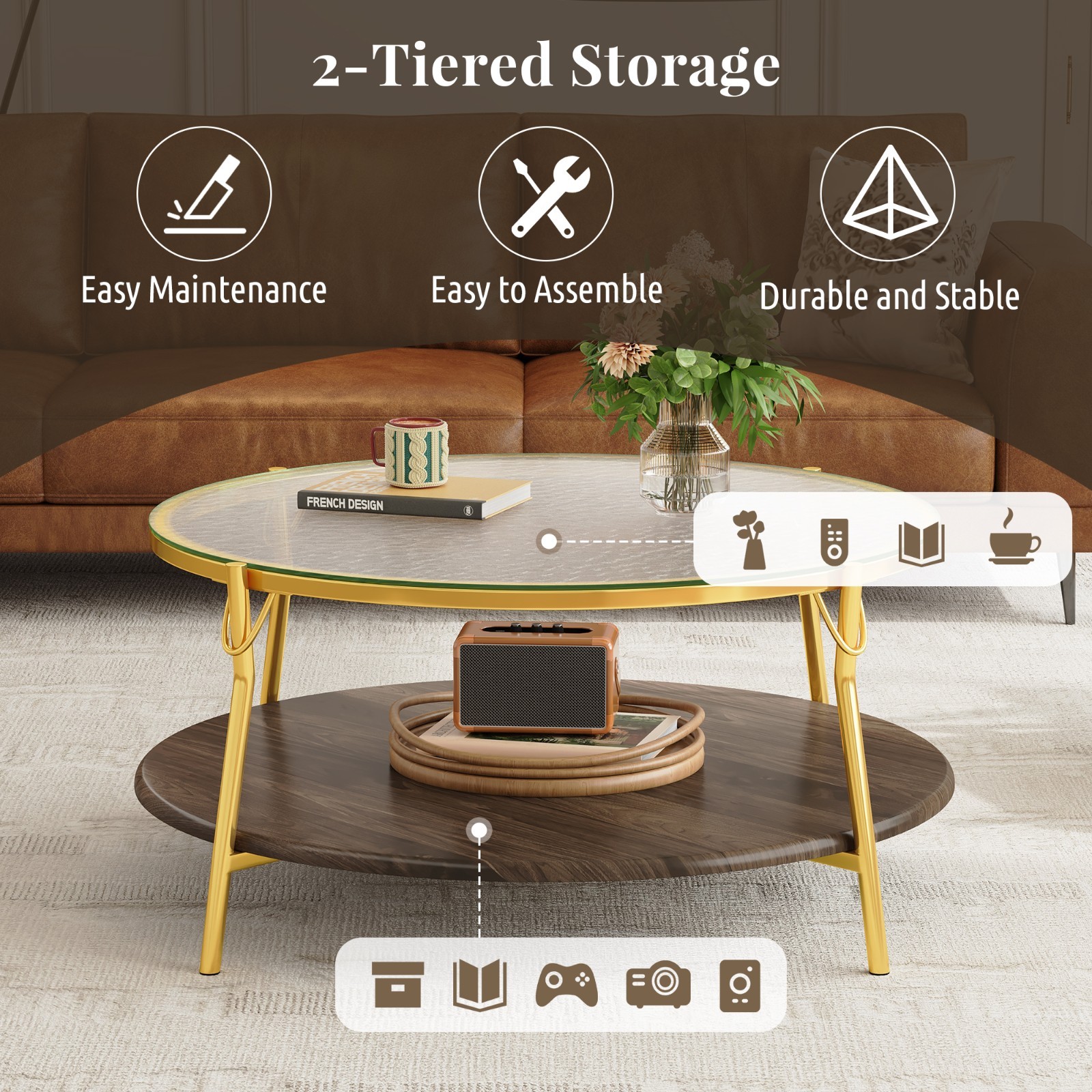 Modern Round Coffee Table Center Table w/ Tempered Glass Tabletop Gold Metal Leg