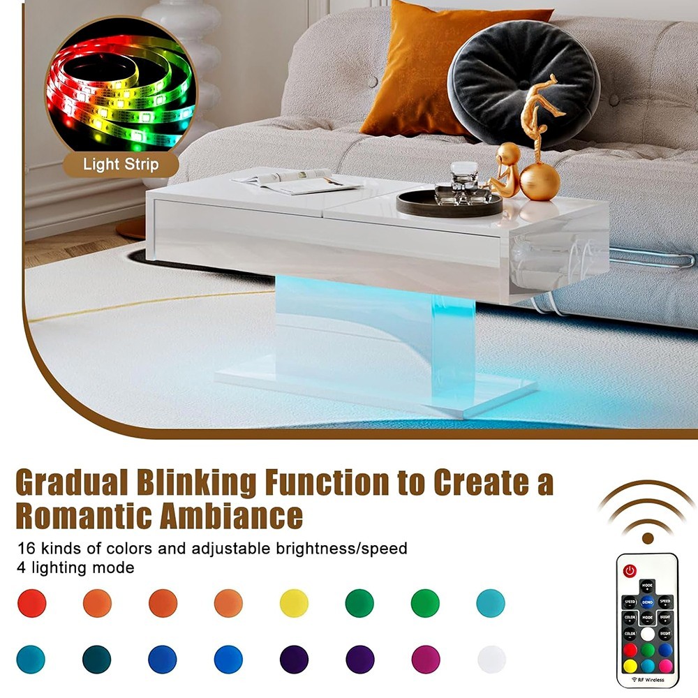 RGB LED MODERN COFFEE TABLE WITH HIDDEN STORAGE 69″ EXTENDABLE SLIDING TOP WHITE
