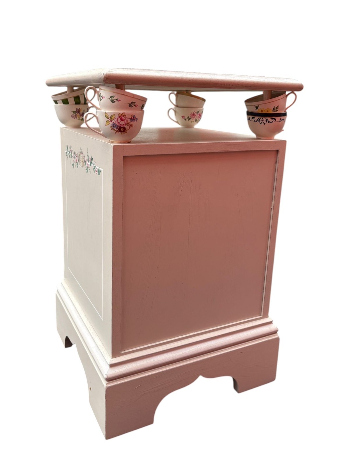 Charming Hand-Painted White Side Table with Teacup Accents
