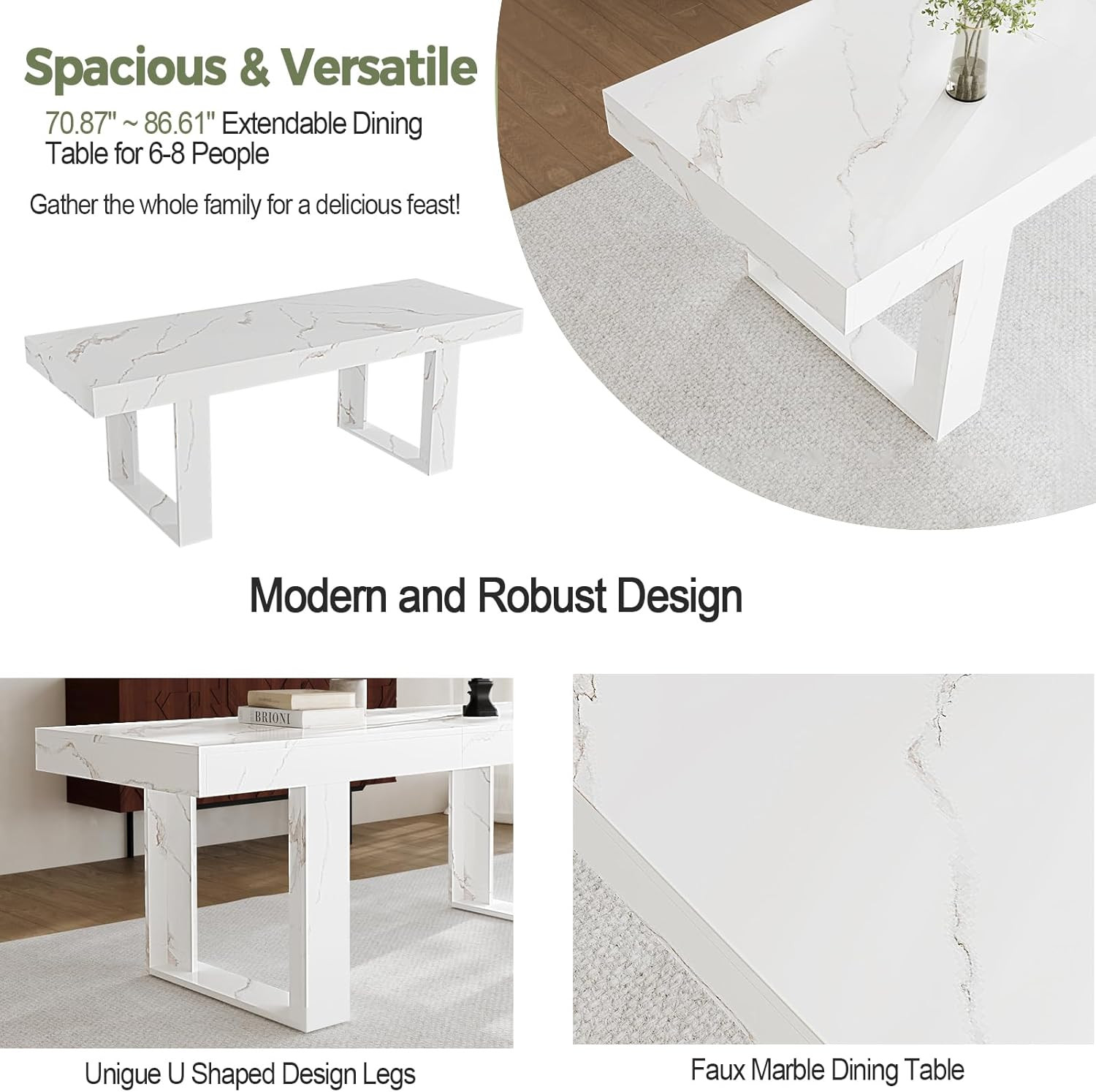 STHOUYN White Marble Extendable Dining Room Table for 8 10, 70.9″ (86.6″) X 31.5