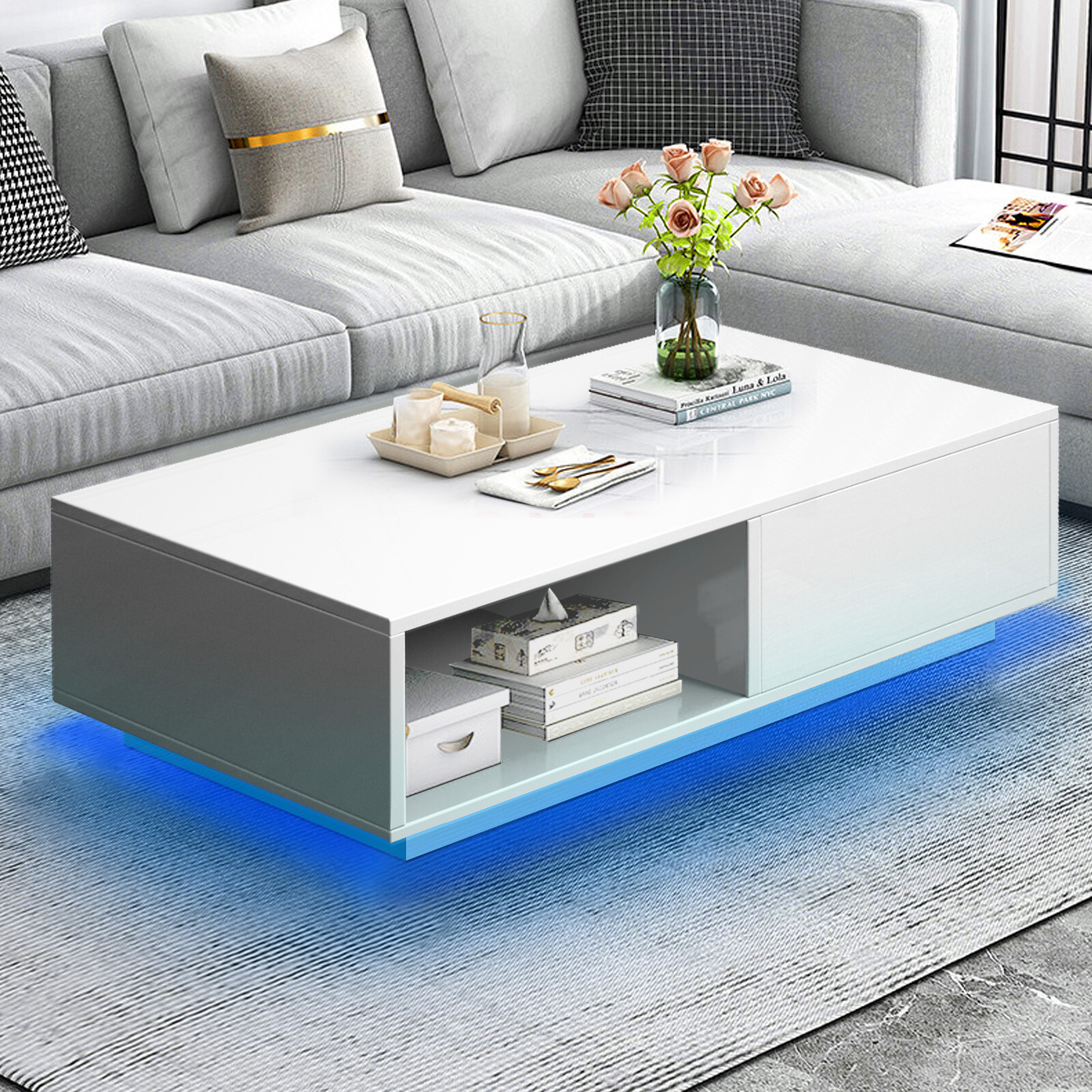 New Super Large 43″ High Gloss Side Coffee Table w/LED+Drawer Living Room White