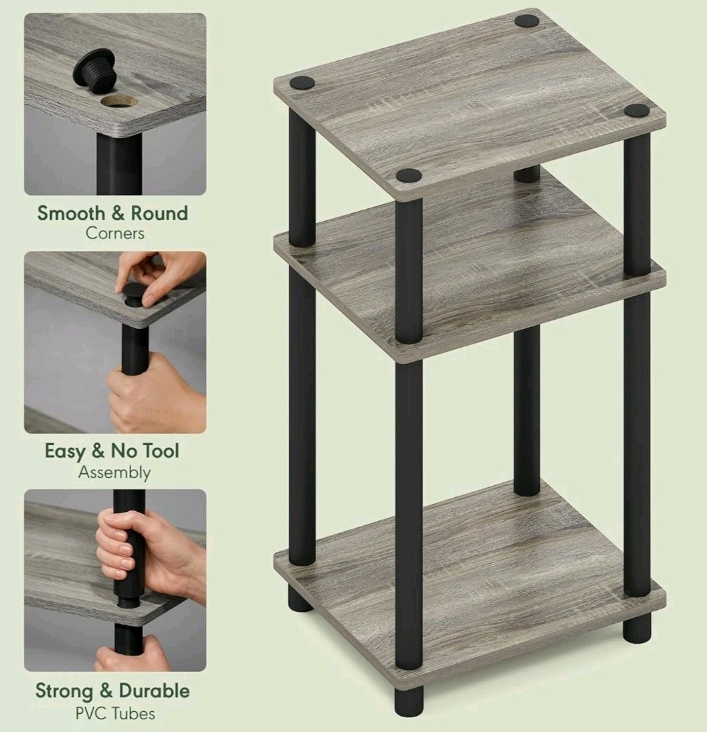 3-Tier End Table (2 Table Set) French Oak Gray Wood & Black PVC Poles 22.8″ Tall