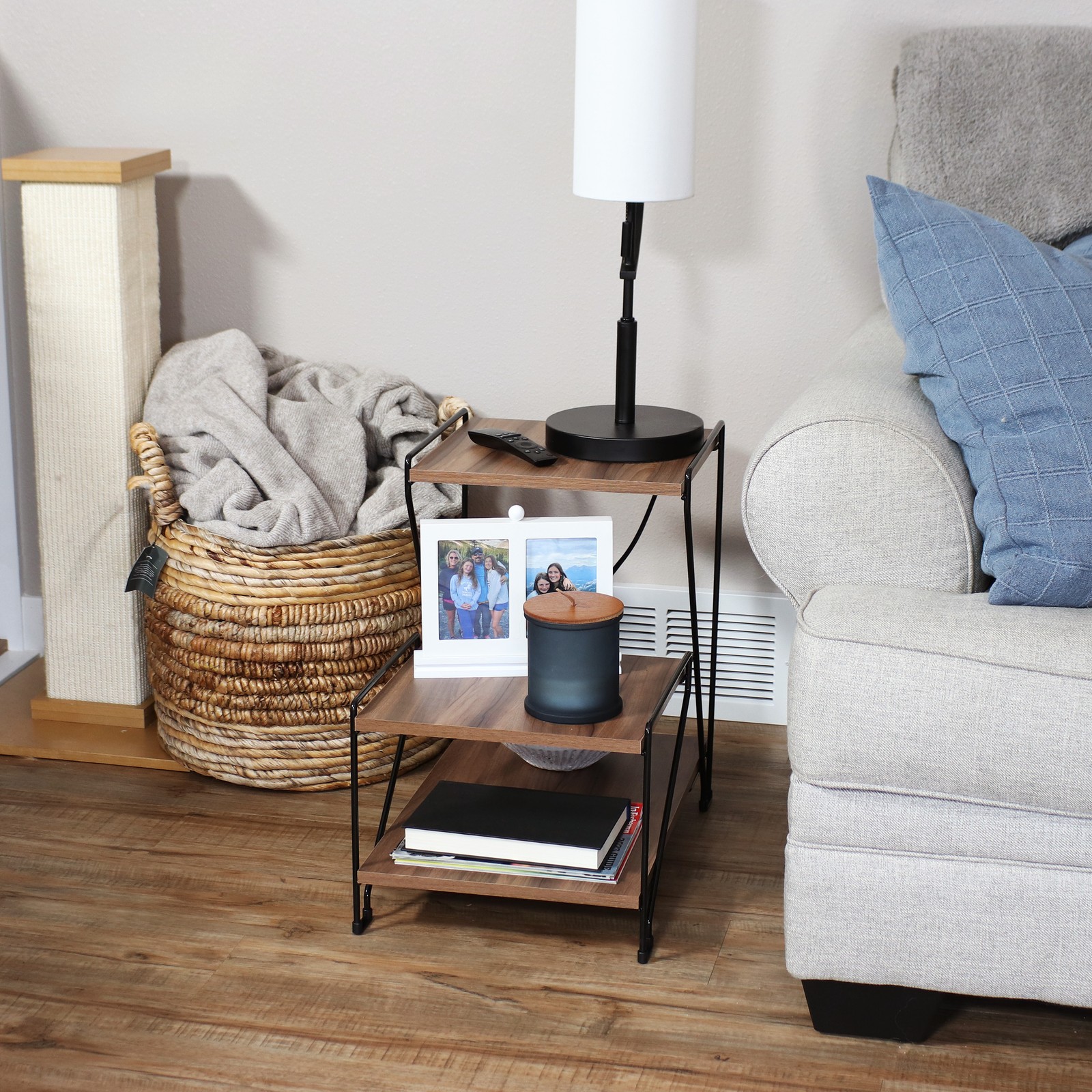Indoor 3-Tiered Wire Accent Table with Faux Woodgrain Tabletops by Sunnydaze