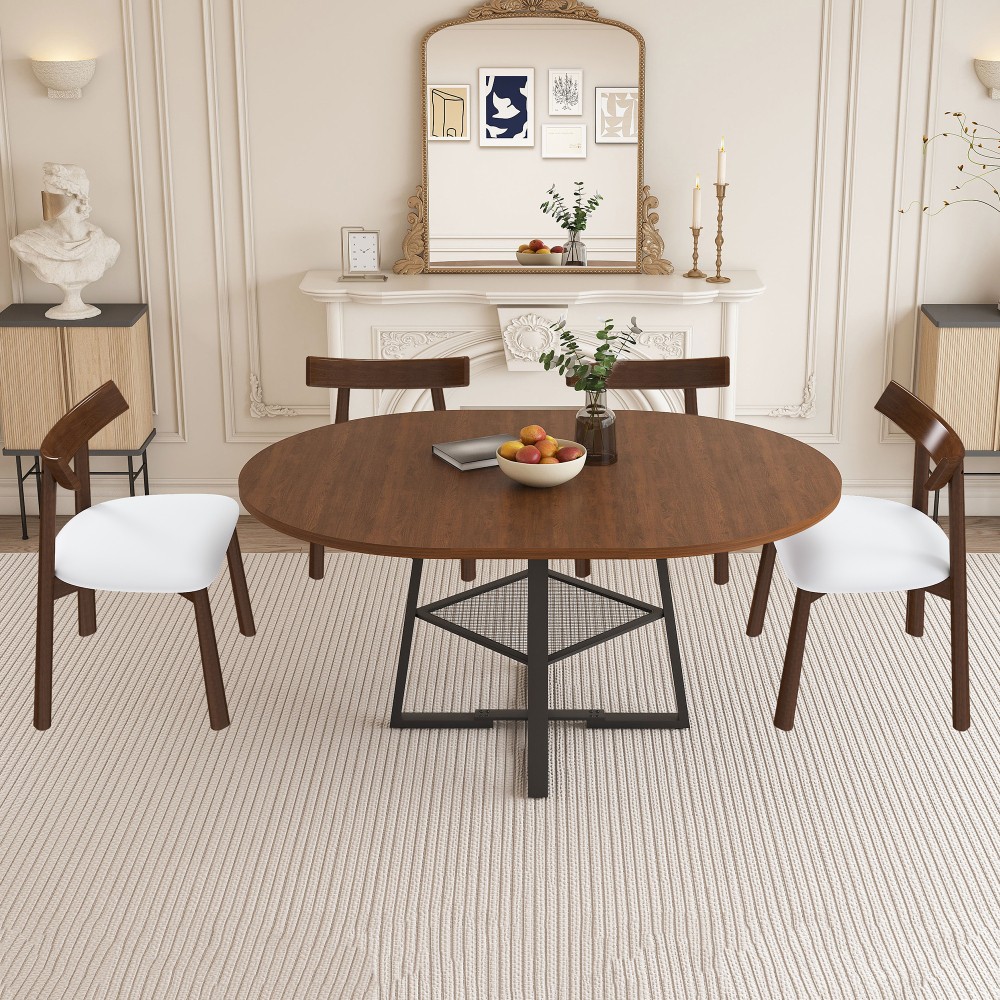 Round Dining Table with Storage Function Extendable with Metal Frame