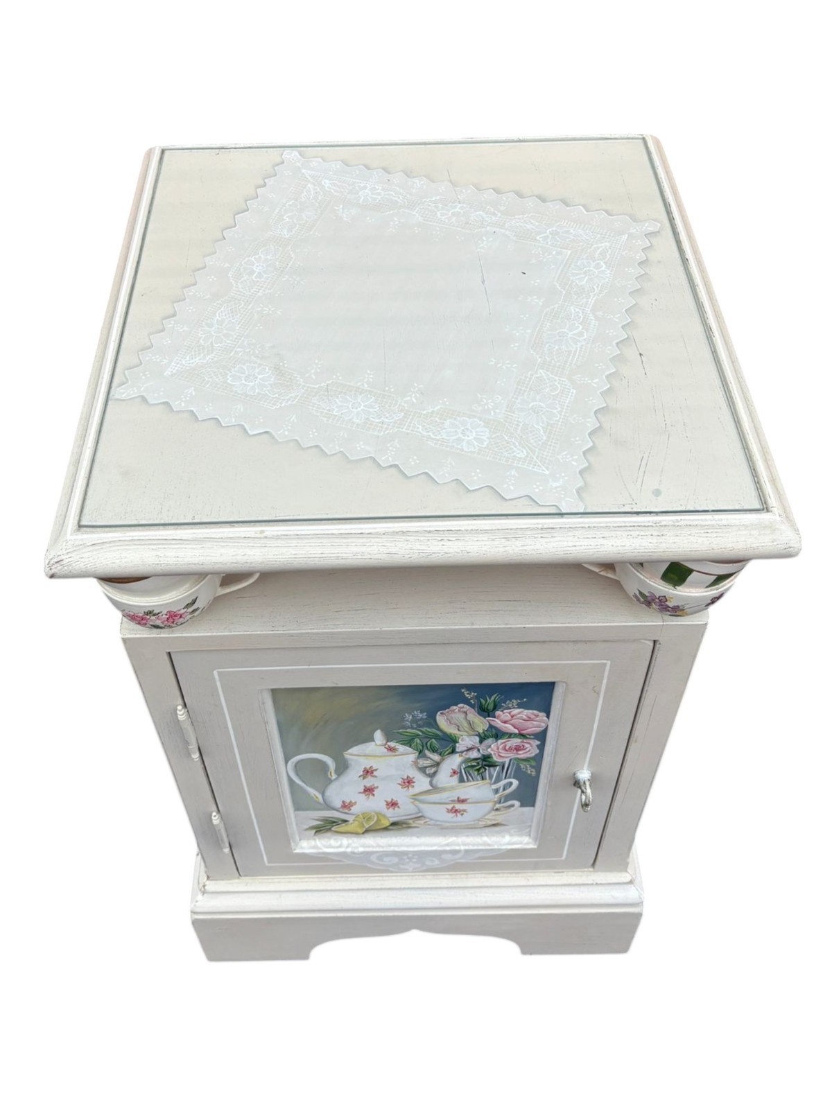 Charming Hand-Painted White Side Table with Teacup Accents