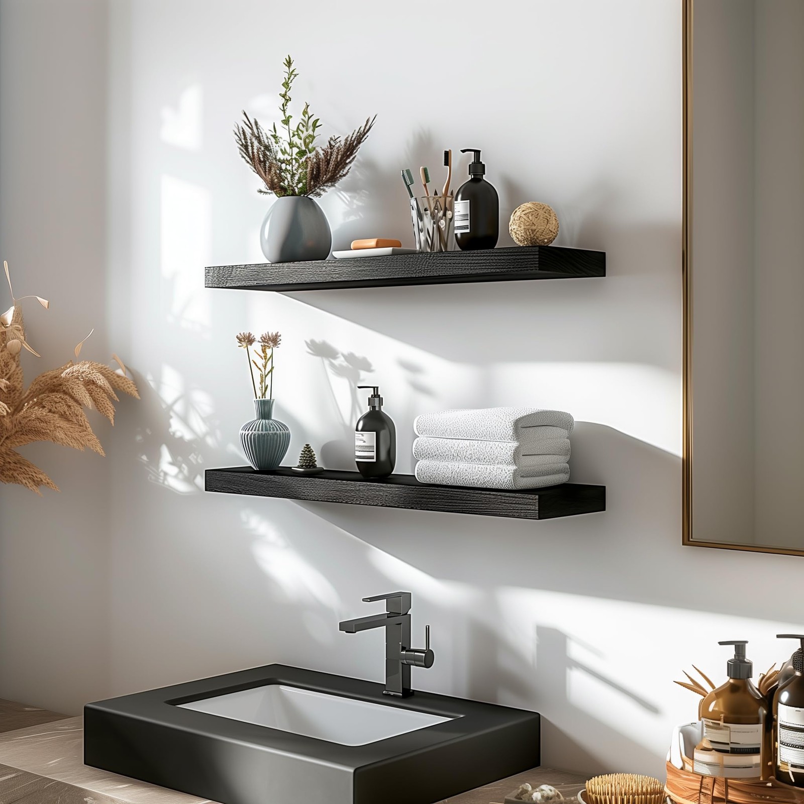 PHPH Wood Floating Shelves for Wall, Wooden Wall 17in, Black