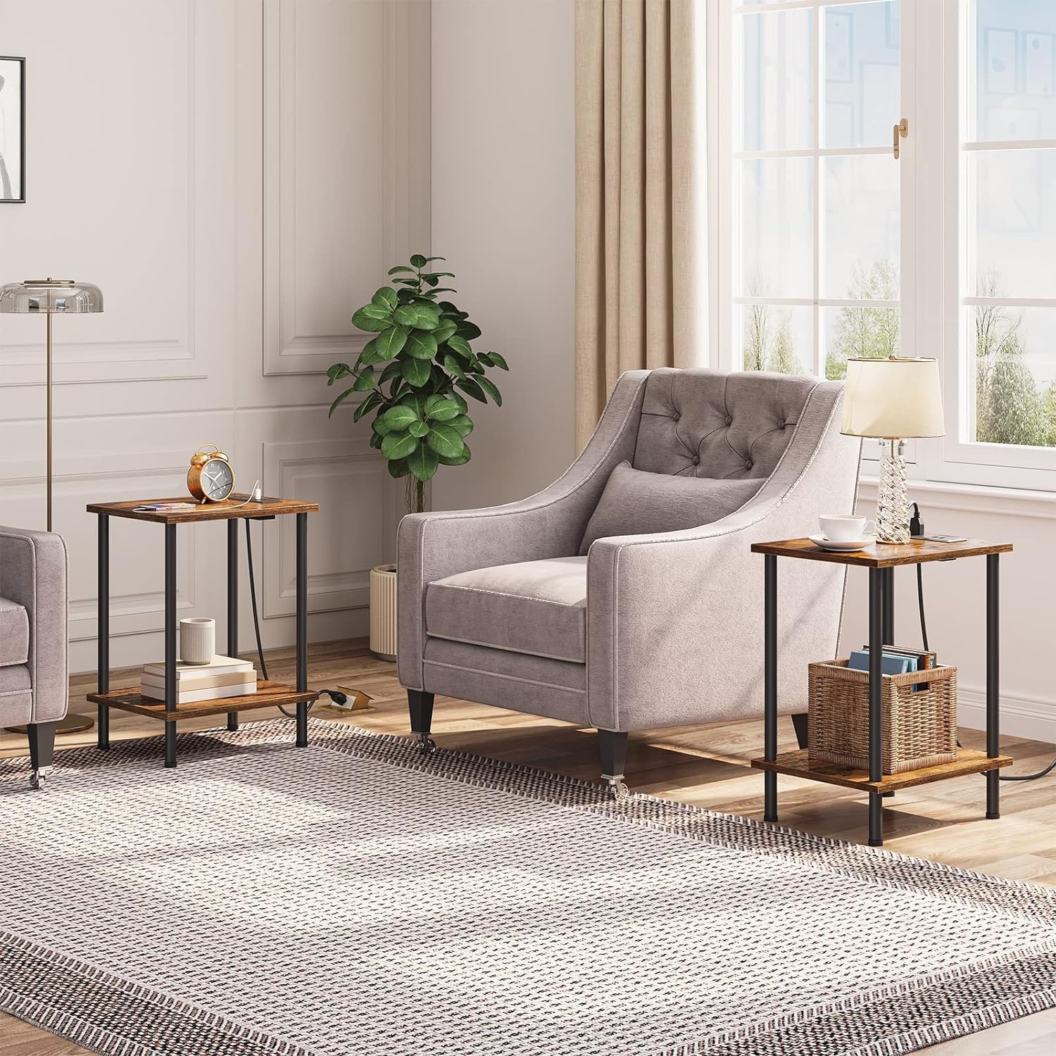 Compact End Tables with USB Ports & Storage Shelves – Rustic Design for Any Room