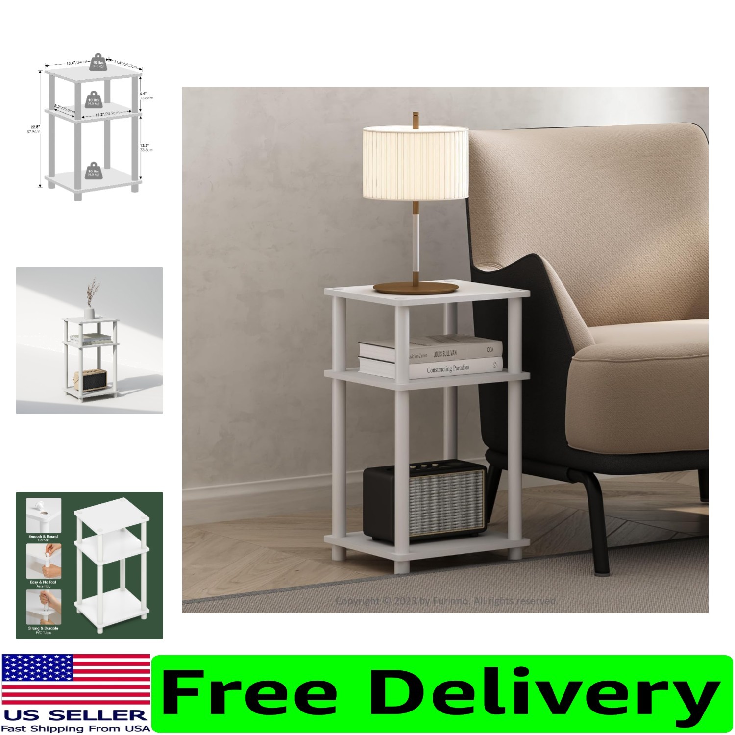 Elegant White 3-Tier Side Table – Toolless Assembly Nightstand for Any Room