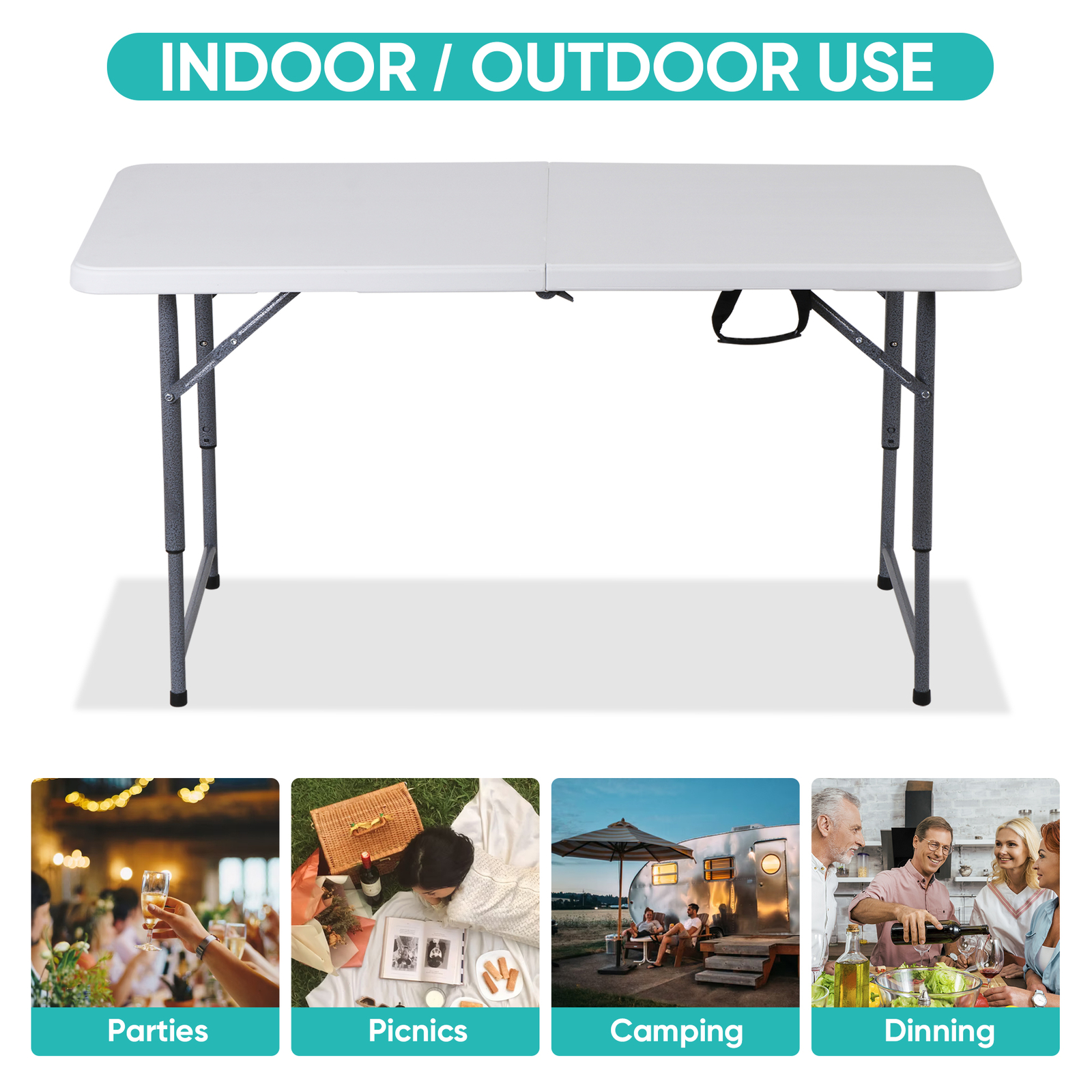 Folding Table Adjustable 4FT Plastic Table Picnic Camping w/Carry Handle White