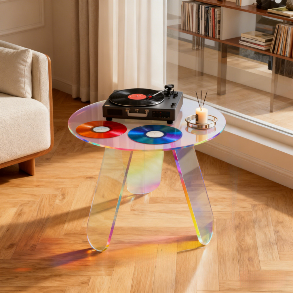 Acrylic End Table with PVC Table Cover Round Iridescent Rainbow Sofa Side Table