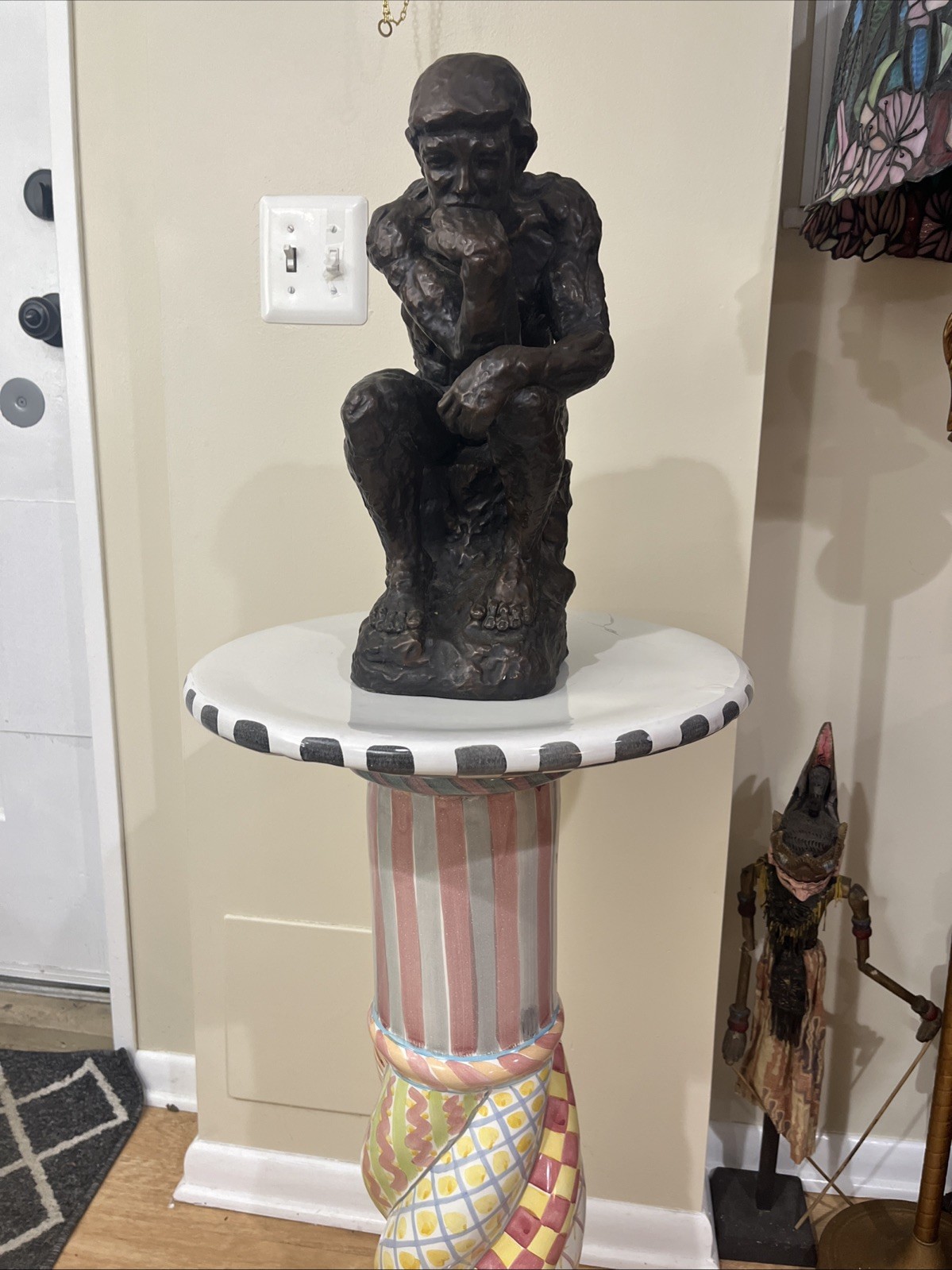 Mackenzie Childs Unique Round pedestal, Plant Stand, Side Table 33” Tall