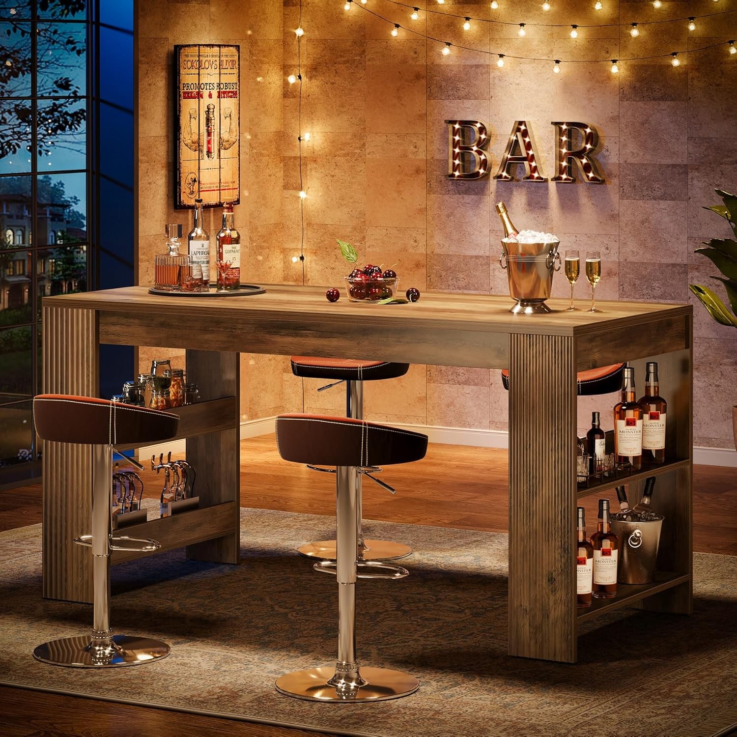 63-Inch Farmhouse Bar Table Rustic Counter Height Pub Table with Storage Shelves