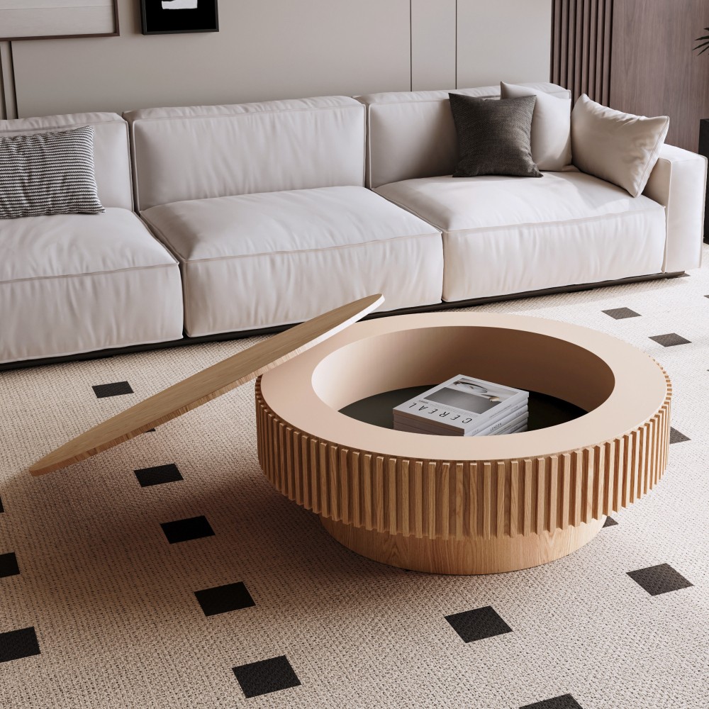 31.5” Square Coffee Table with Storage Solid Wood Veneered, Natural Wood