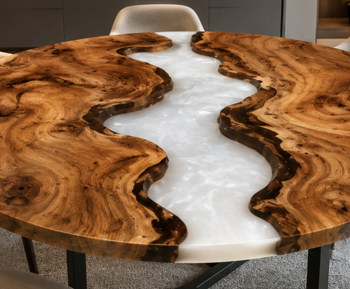 White Epoxy Resin Corner Tabletop Live Edge Wood Luxury Custom Furniture Decor
