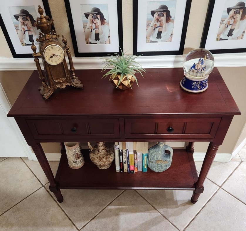 Cherry Brown Pine Wood Console Table Hallway Sofa Accent with Storage Drawers