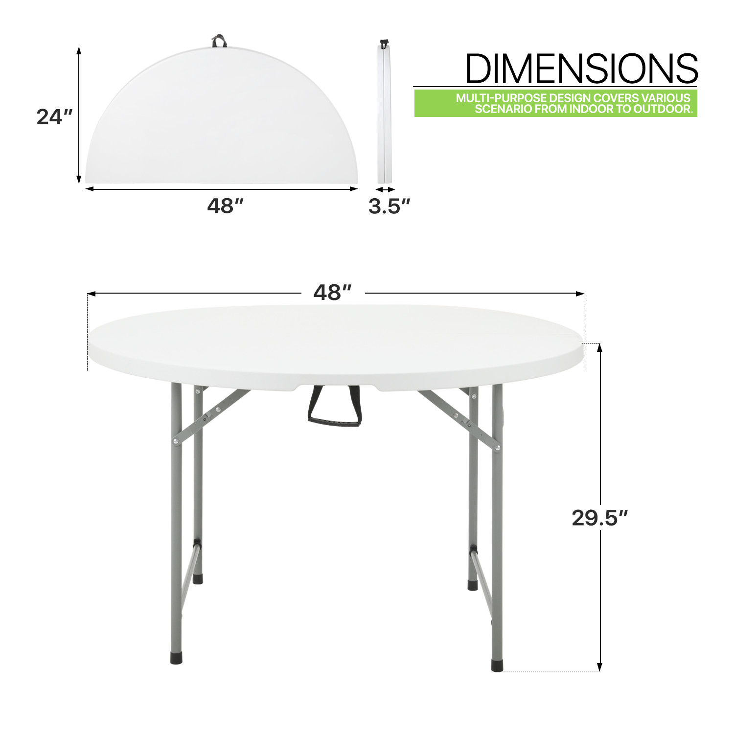 White 4 Ft Round Portable Plastic Dining Table w/Handle Fold-in-Half Picnic Desk