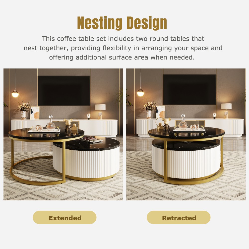 Round Nesting Coffee Table with Grooved Drawers