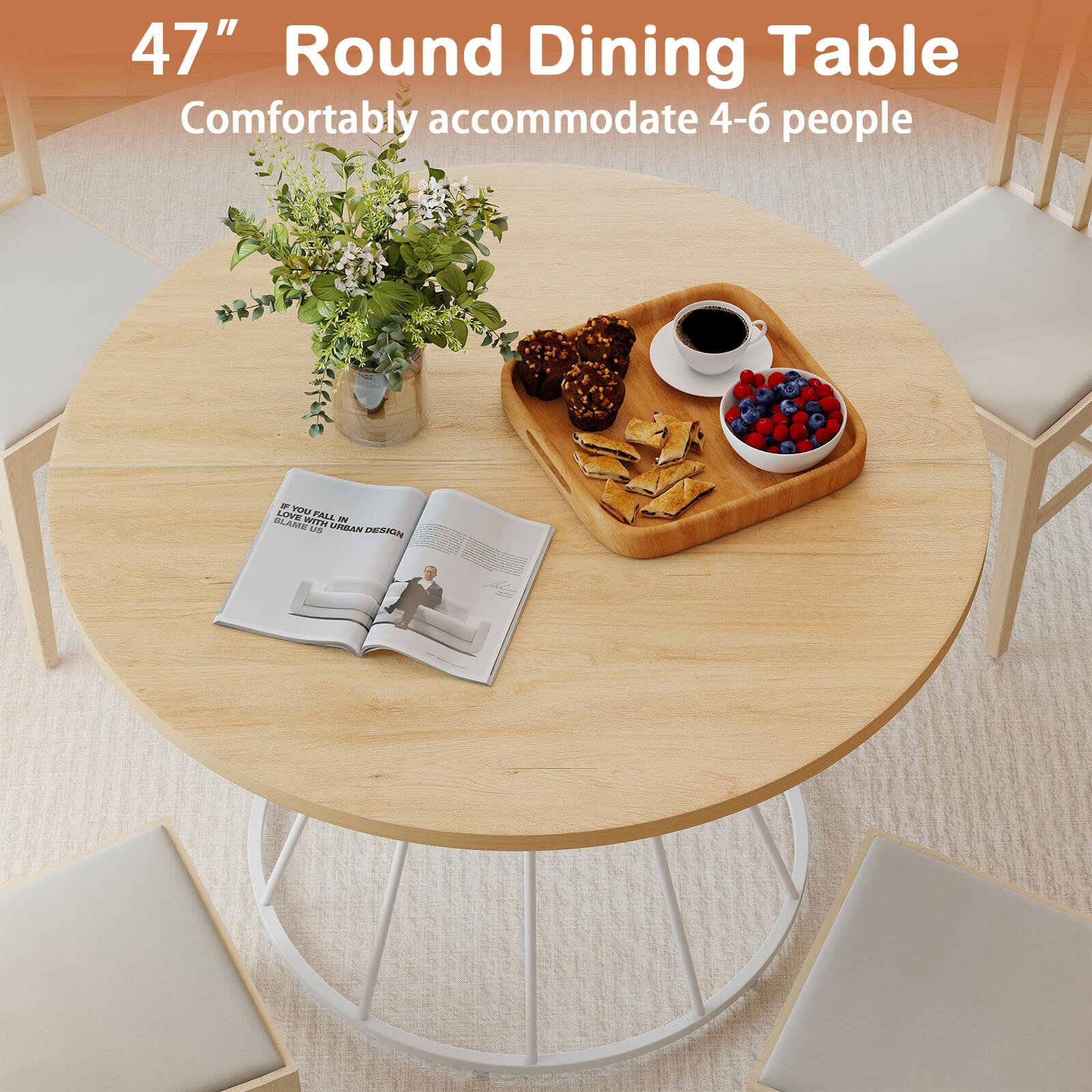 47” Round Dining Table with Wooden Tabletop, Metal Base for Home Dining Room
