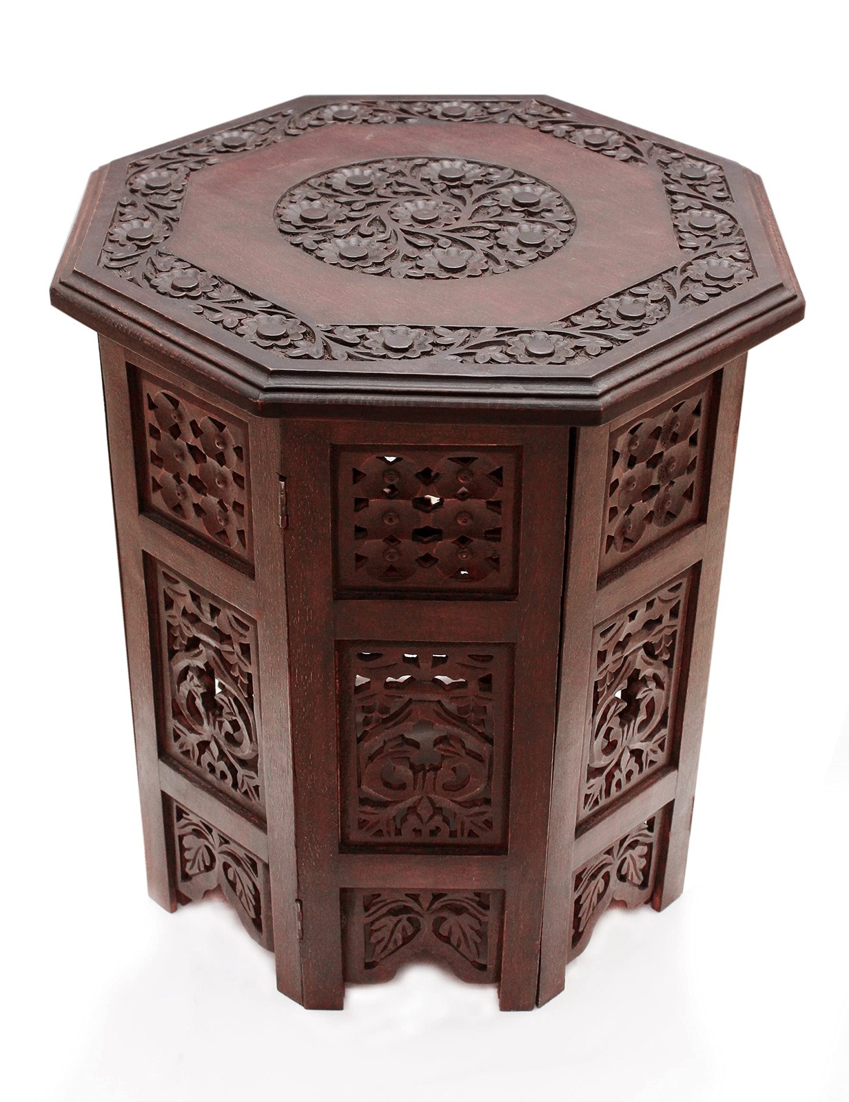 Accent End Table Solid Wood Hand Carved Folding 18×18 Brown Vintage Boho