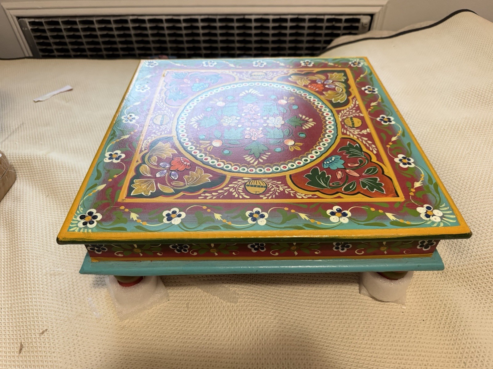 Square Hand-Painted Floral Wood Coffee Table, Multicolor, Made in India