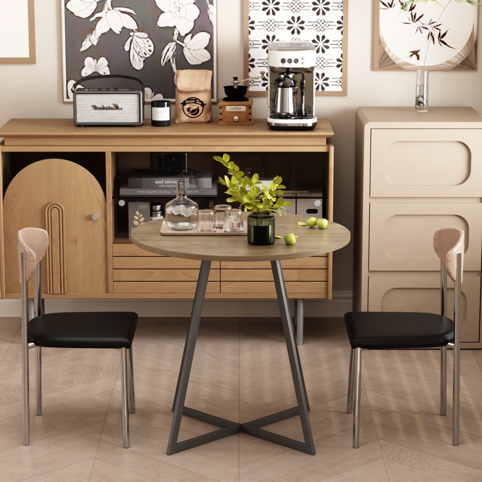 31.5 Inch Round Dining Table Brown MDF Top Black Metal Legs