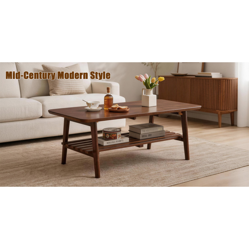 Walnut Brown Wooden Coffee Table, Mid-Century, Rectangular with Storage Shelf