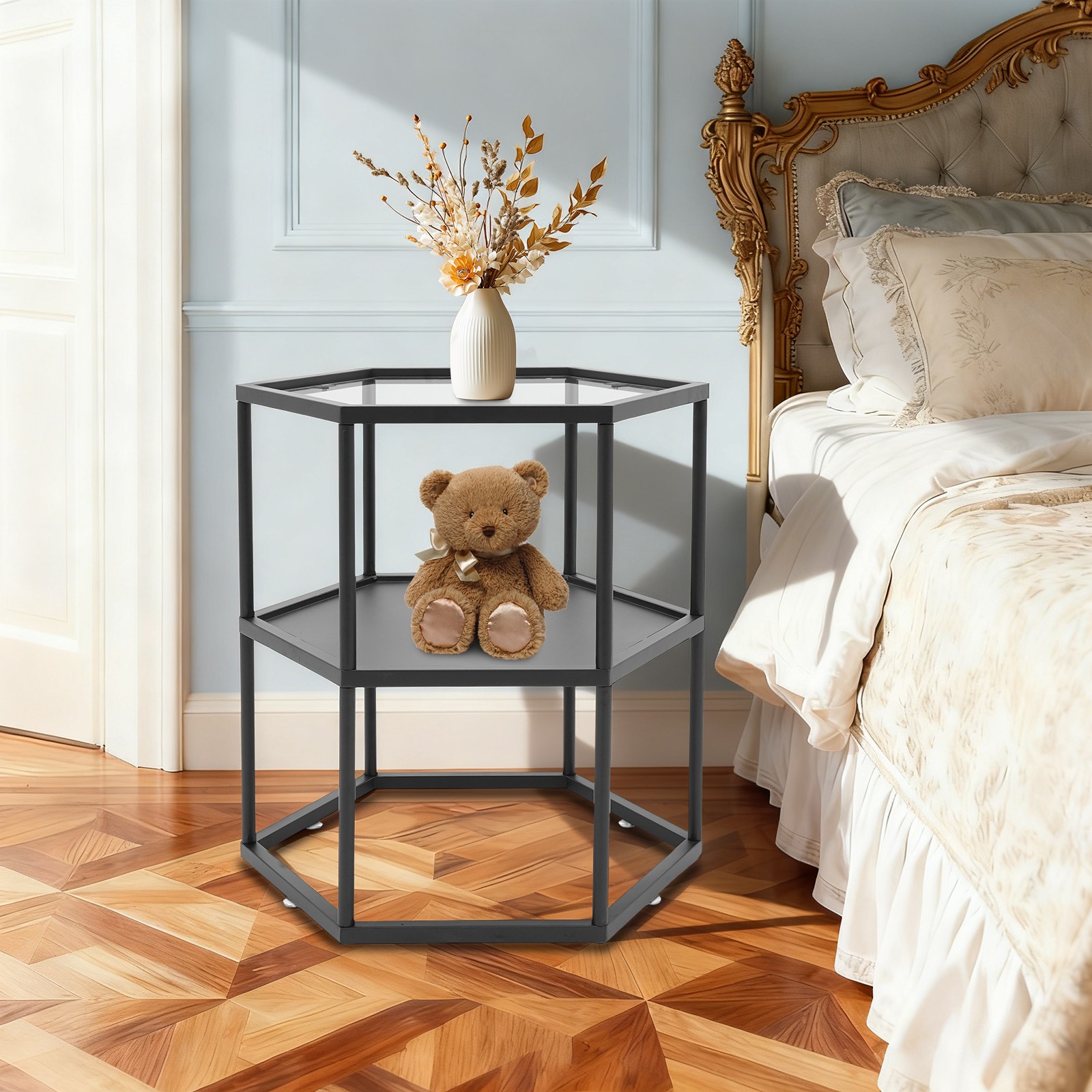 2-tier Hexagon Side 18inch Top Double Shelf Table 50lb 24inch Table For Bedroom