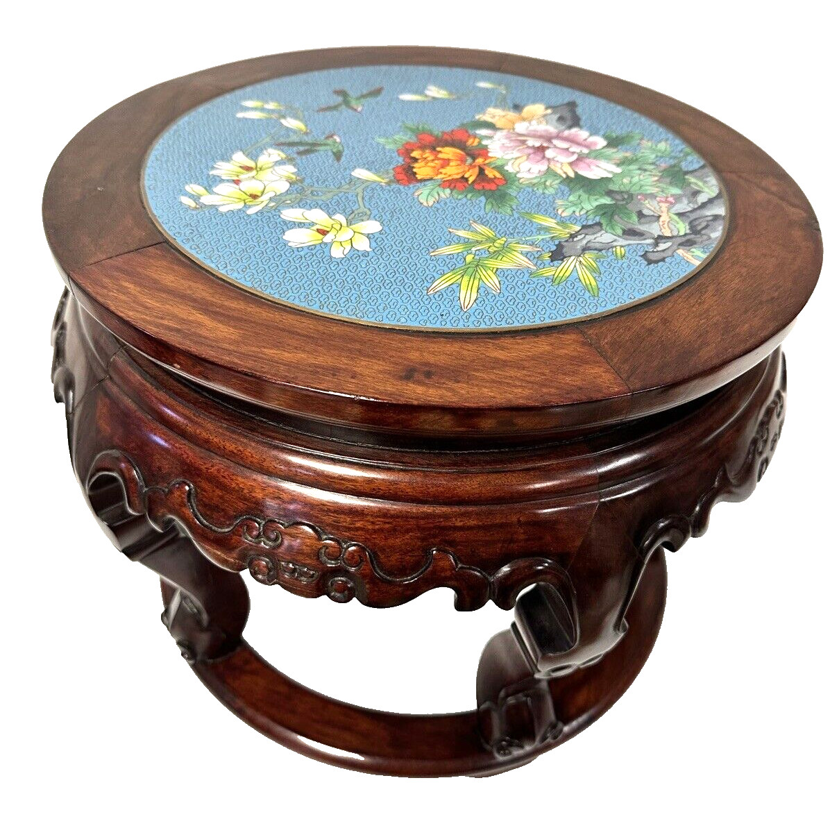 Small Chinese Cloisonné Floral Inlay Top & Carved Wood Round Pedestal Table