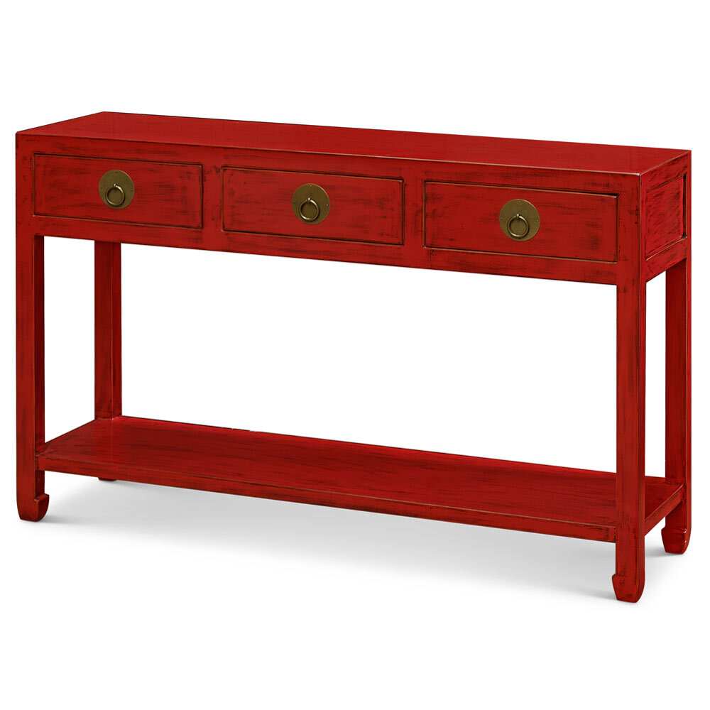 US Seller – Distressed Red Elmwood Chinese Ming Console Table 3 Drawers