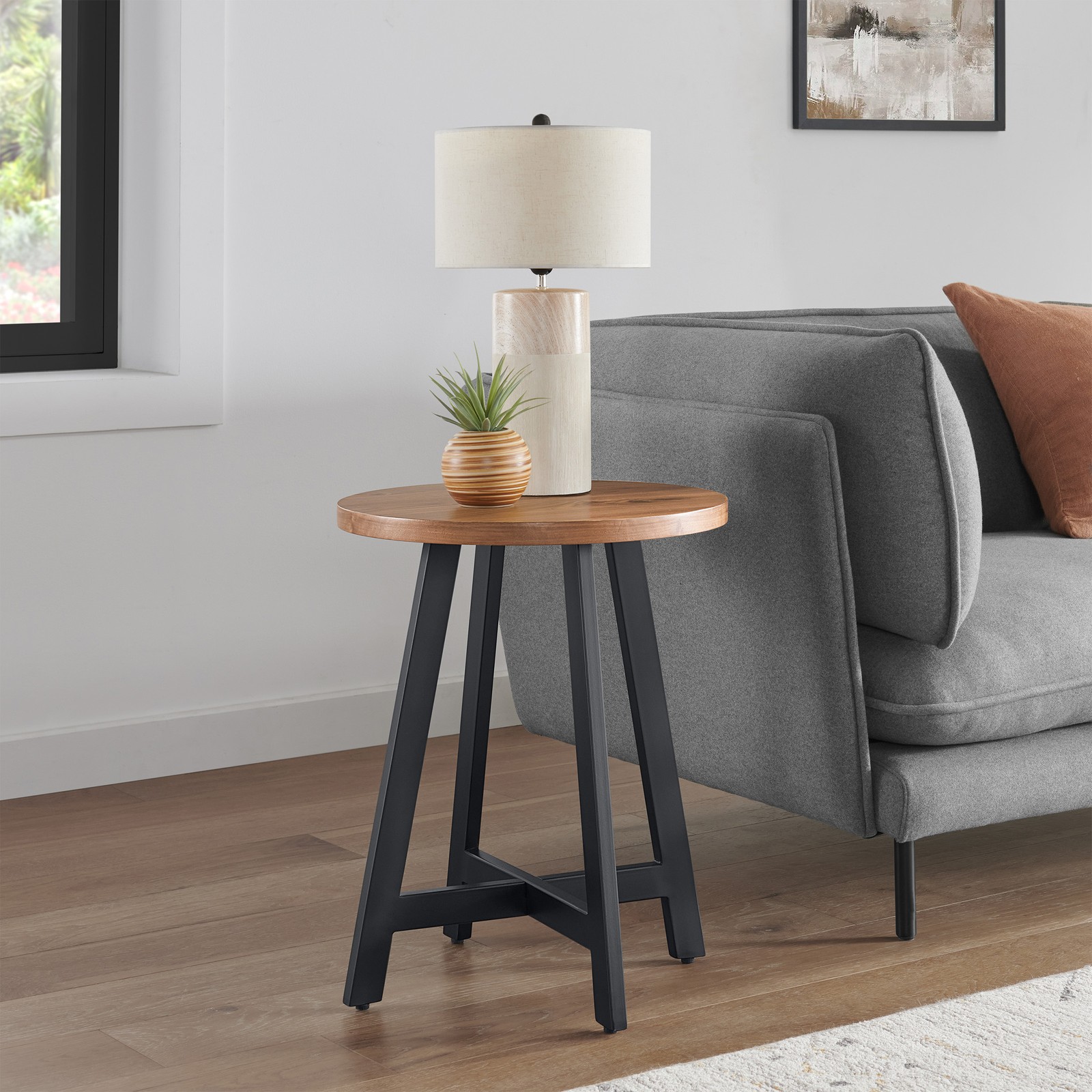 22″ Side End Table Industrial Side Table MDF Top Metal Frame Round Table, Walnut