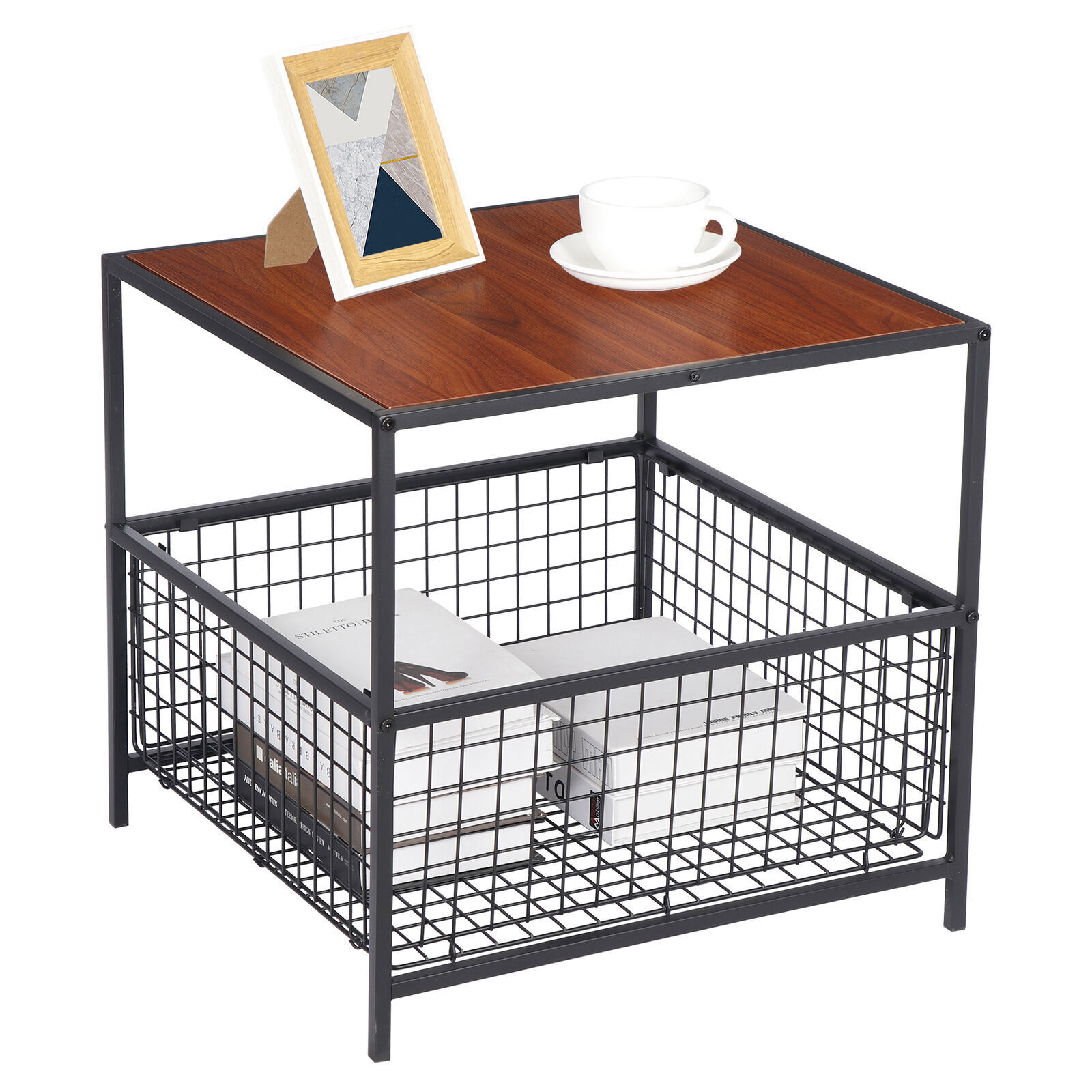 20″ End Table w/ Storage Basket Sofa Coffee Side Table Metal Frame Red Mahogany