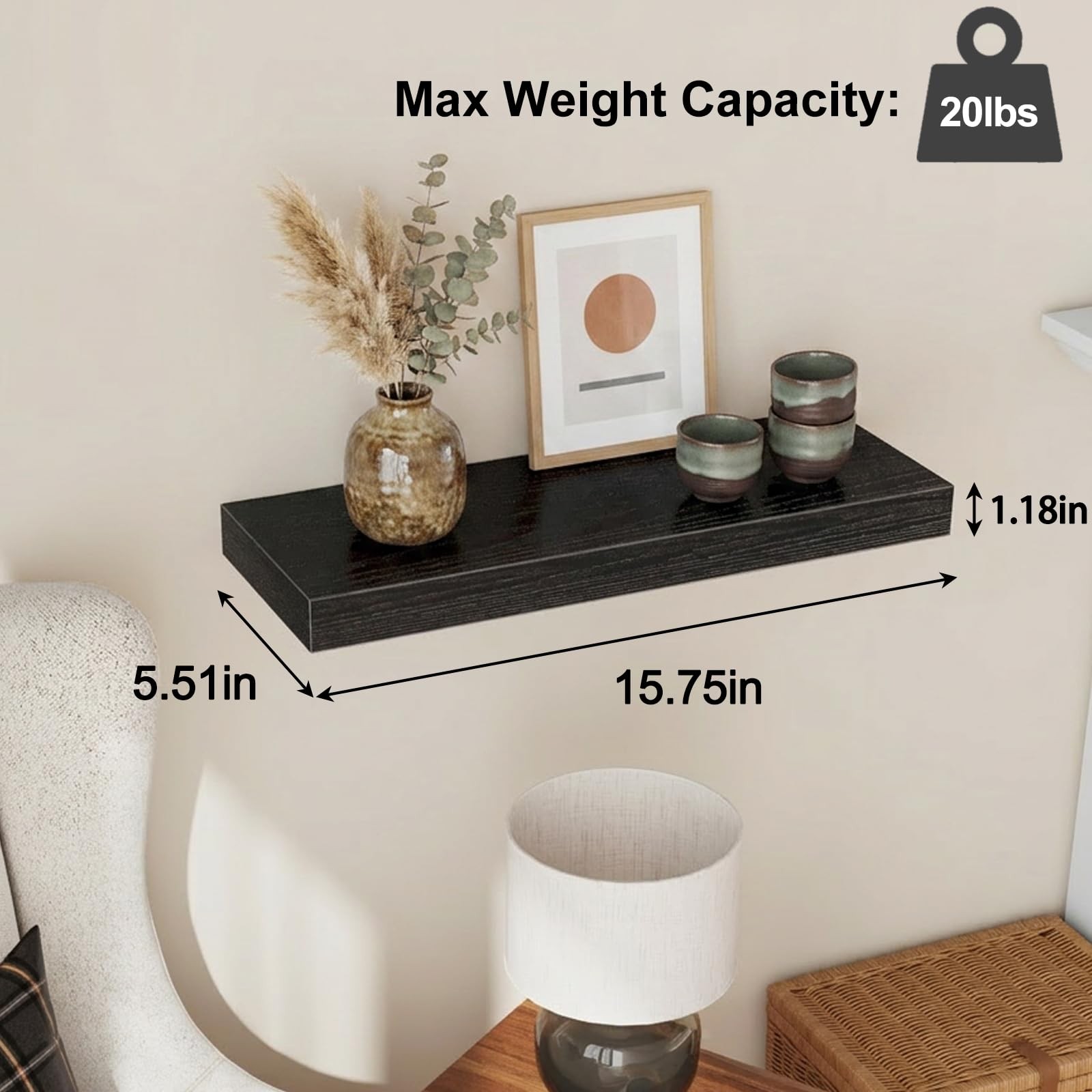 Fixwal Black Floating Shelves 15.8 inches x 5.5 x 1.2 inches,