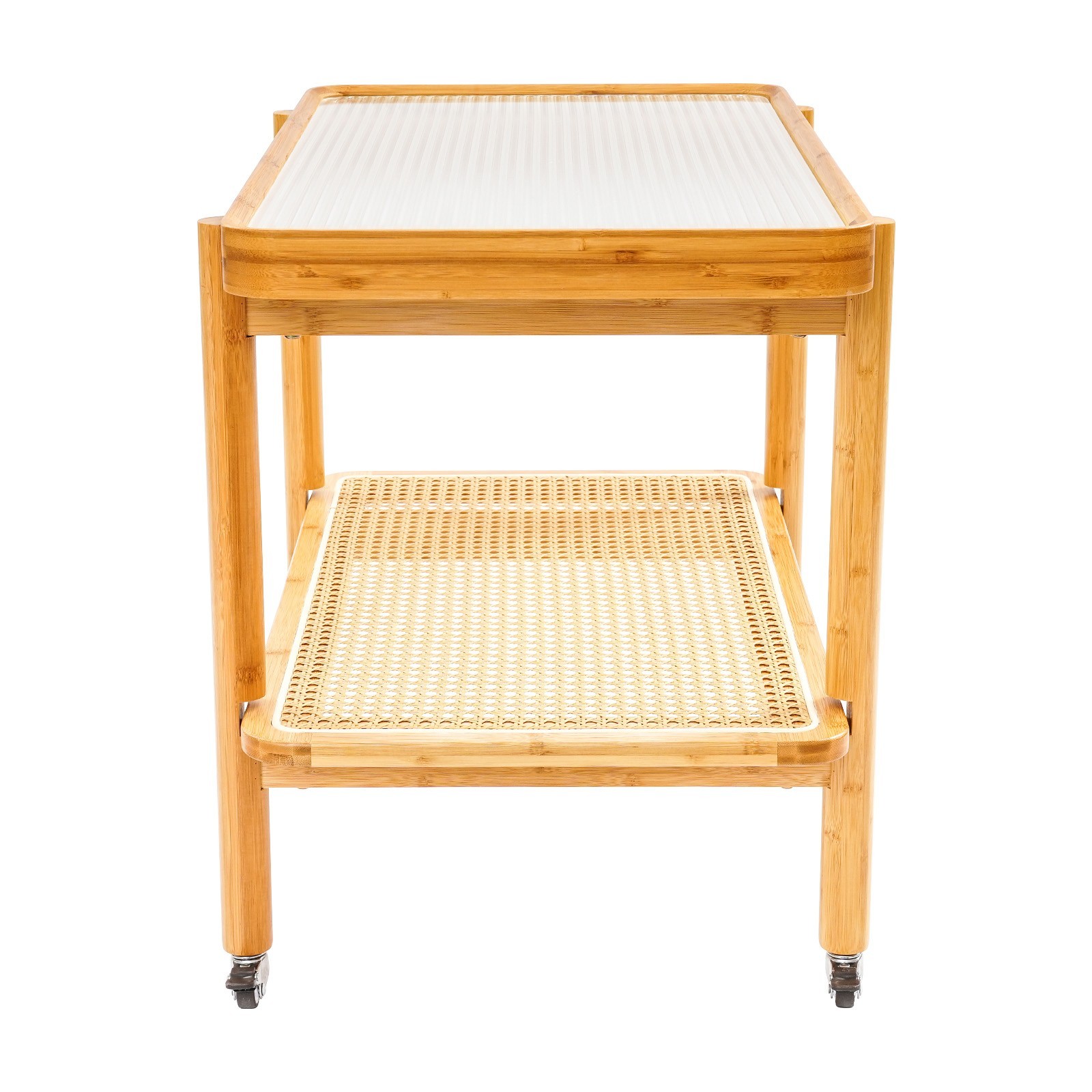 Tempered Glass, Resin, Bamboo Coffee Table with Wheels, 2 Shelves Sofa Table US