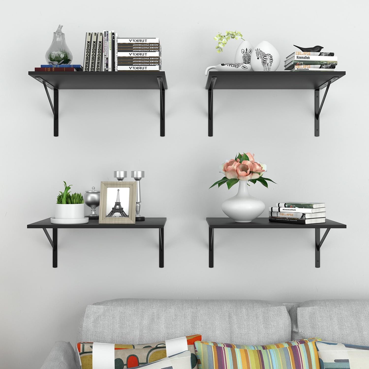Deep Floating Wall Shelves – 4 Sets of 15.8 inches x 12 inches, Black