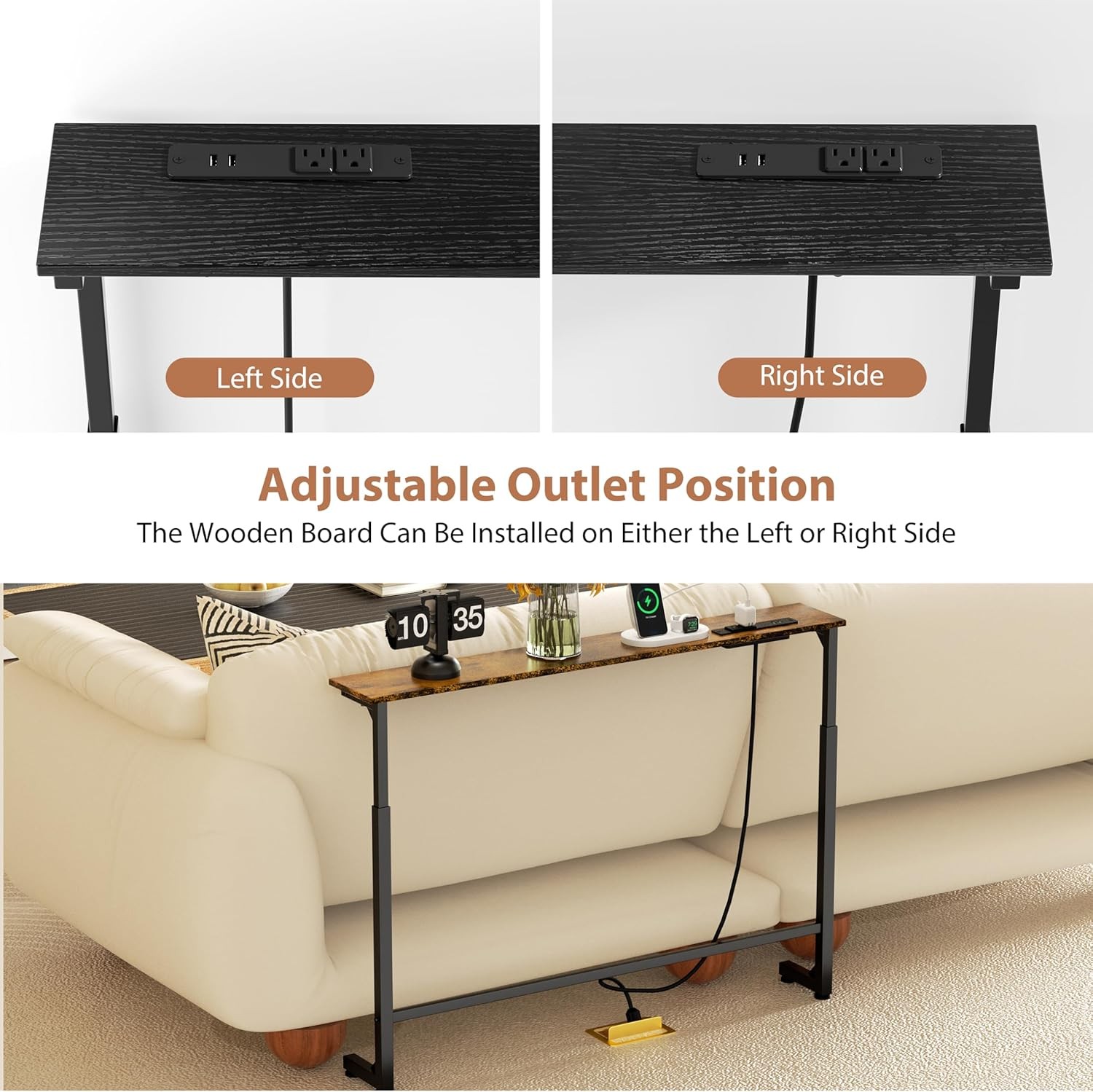 45″ Adjustable Height Narrow Console Table W/ Power Outlets Long Sofa Table