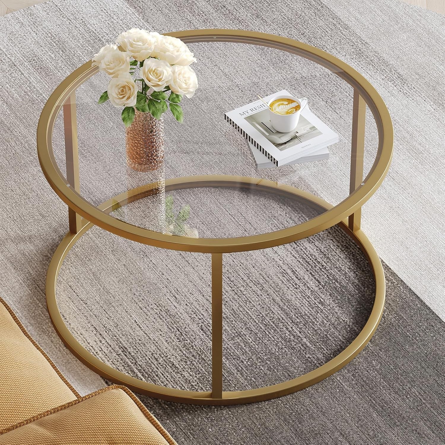 Small Glass Coffee Table Round Gold Coffee Table for Small Space Modern Simple..