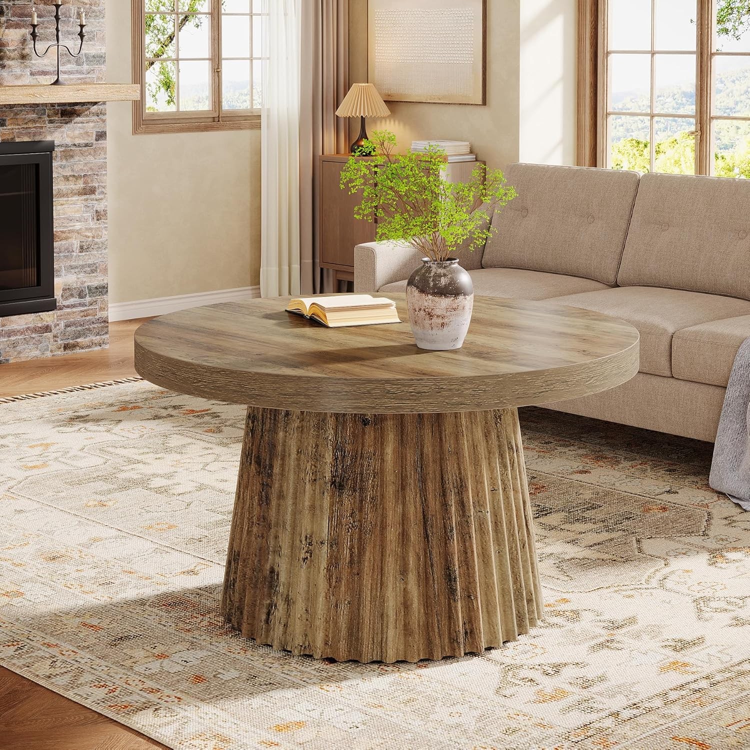 31.5-Inch Round Coffee Table Farmhouse Accent Center Tea Table with Fluted Base