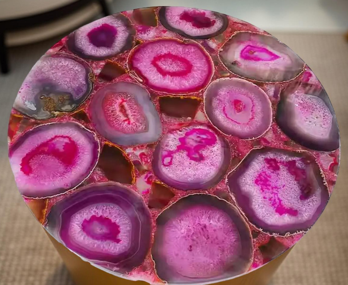 Pink Agate Round Coffee Table | Handmade Gemstone Side Table for Living Room